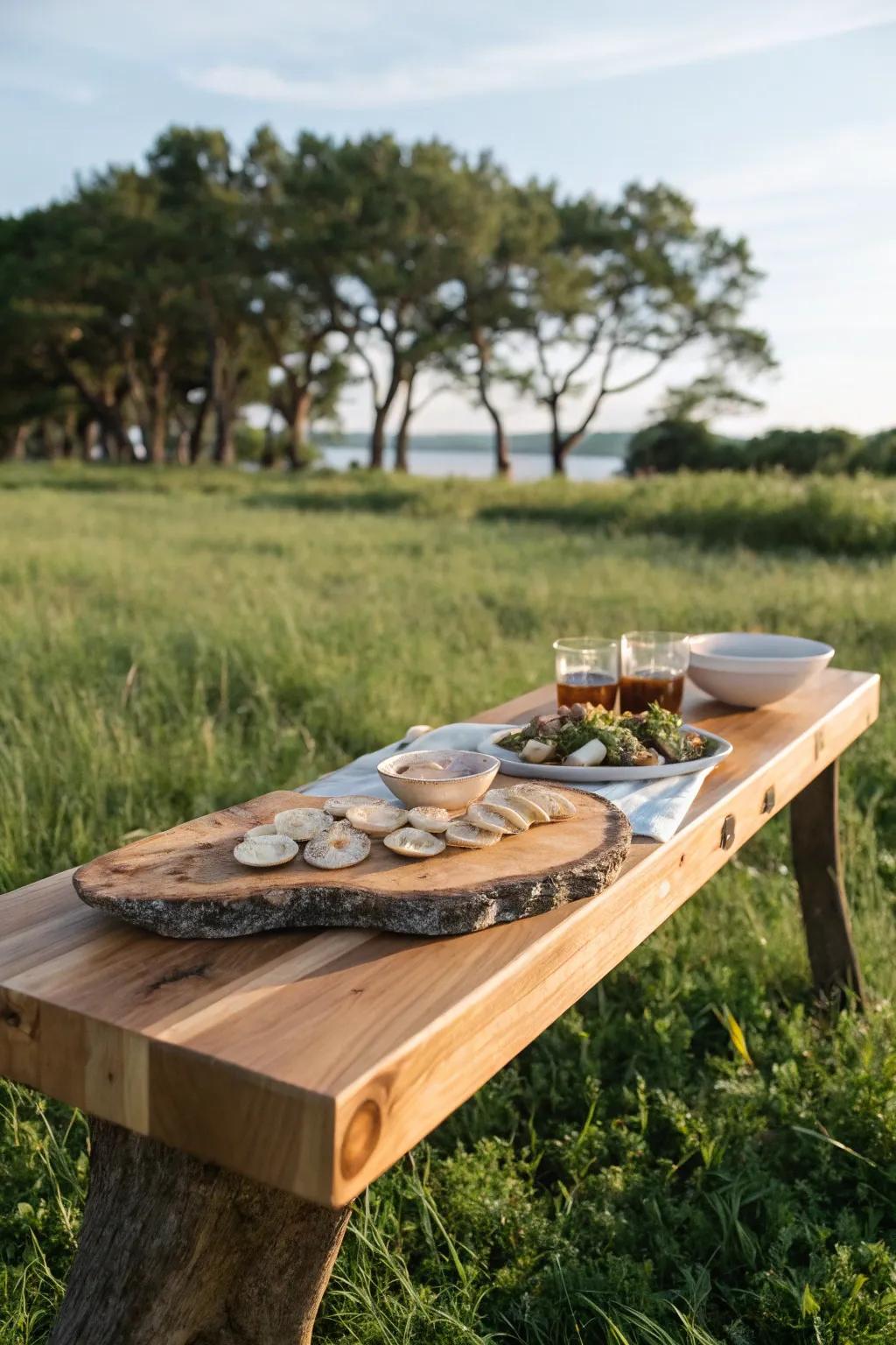 A live edge oyster table adds elegance to any gathering.