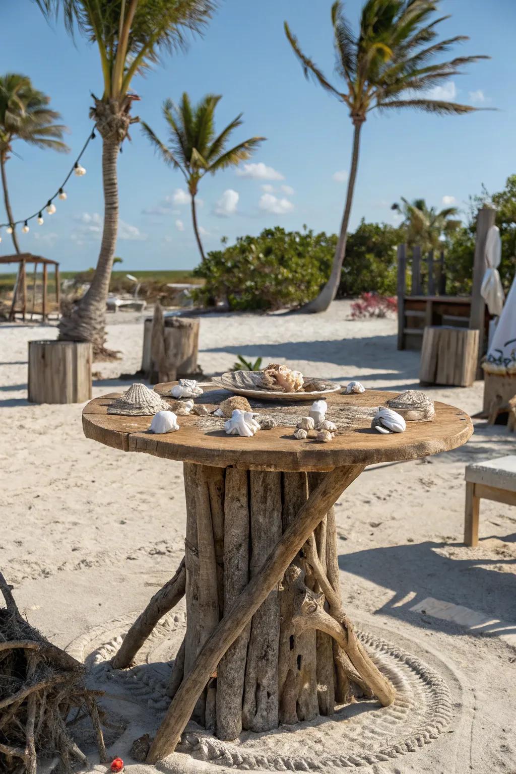 A coastal oyster table crafted with driftwood.