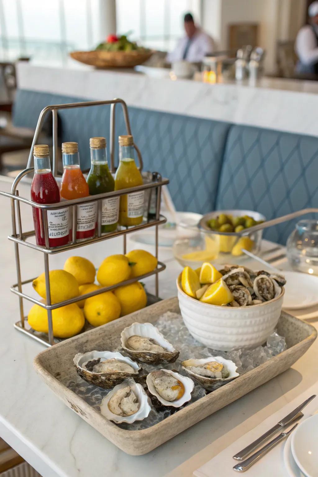 An oyster table with a condiment rack for convenient serving.