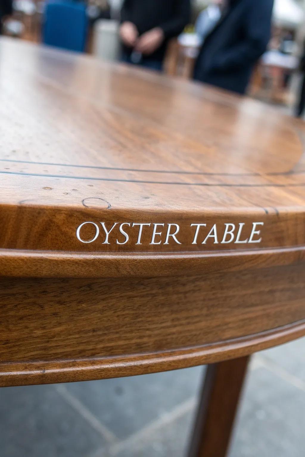 Personalized engravings on an oyster table add a special touch.