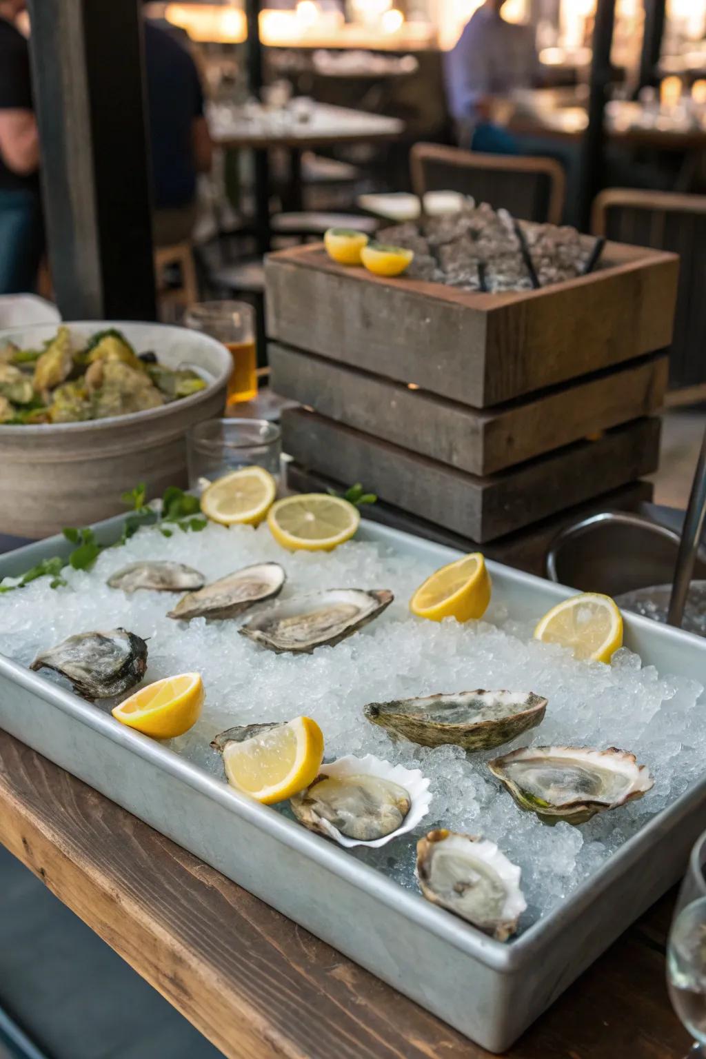 A functional oyster table with built-in ice wells to keep oysters fresh.