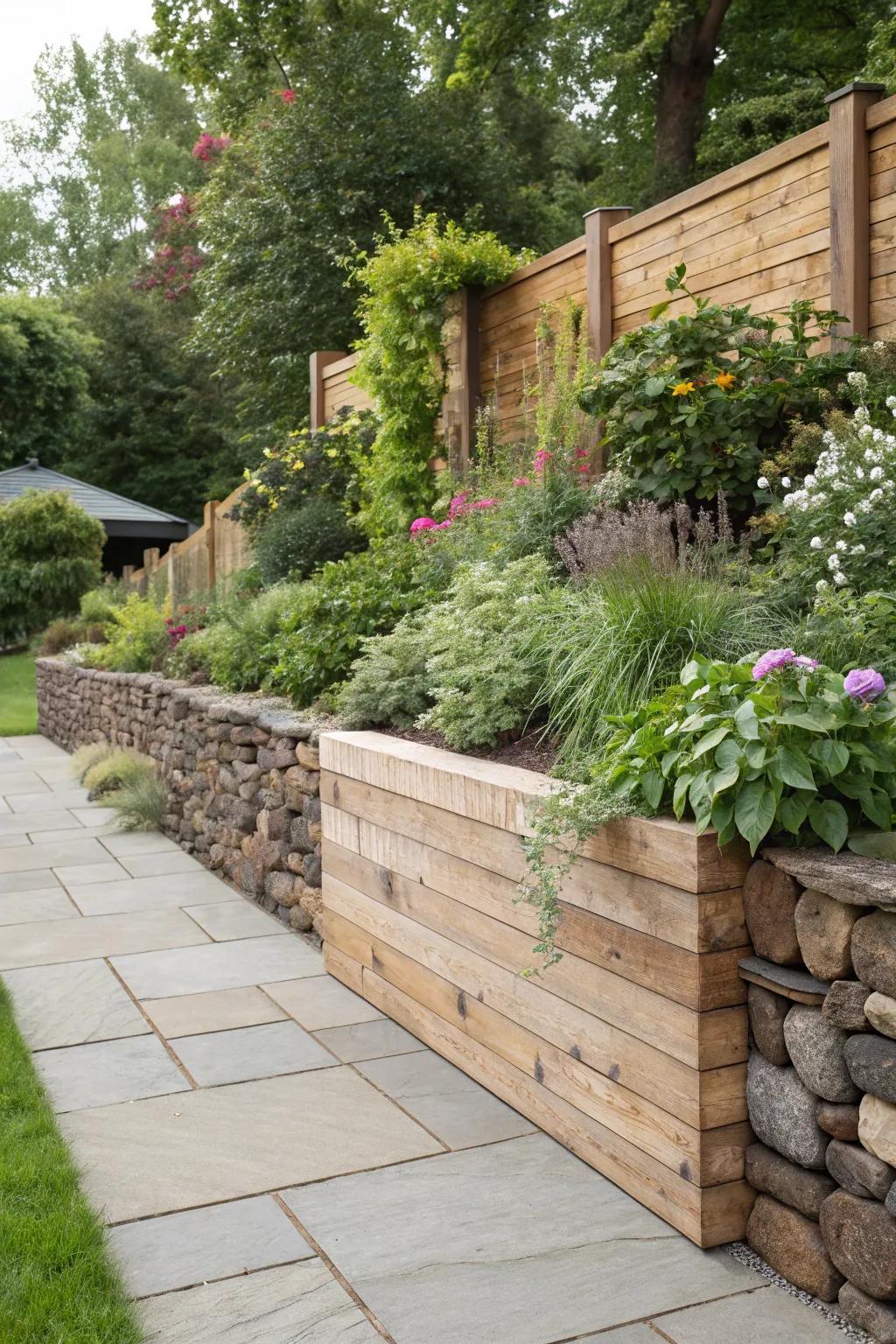 Mixed materials offer texture and variety in garden walls.