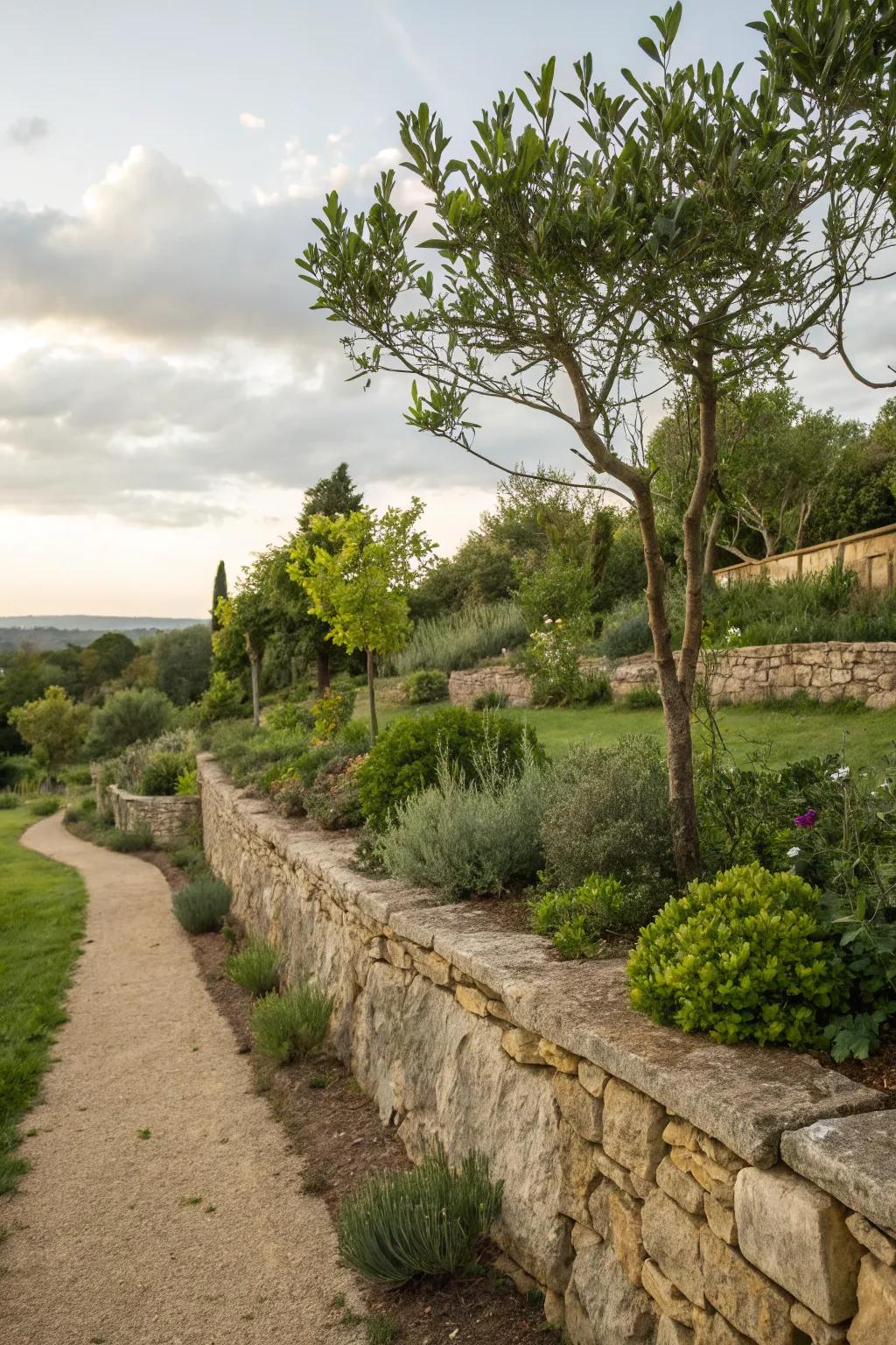 Small trees and shrubs complement low garden walls beautifully.