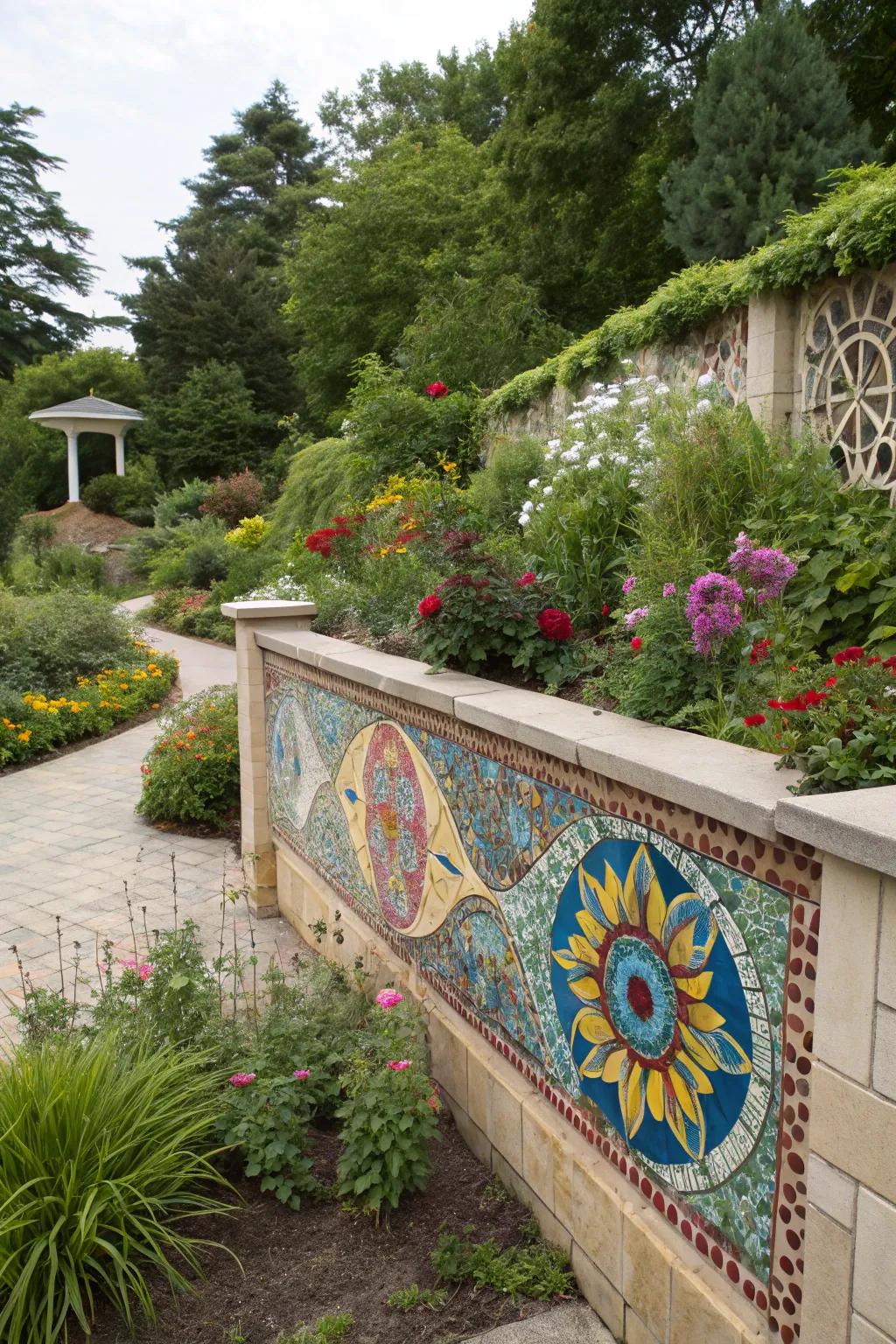 Mosaic designs turn garden walls into works of art.