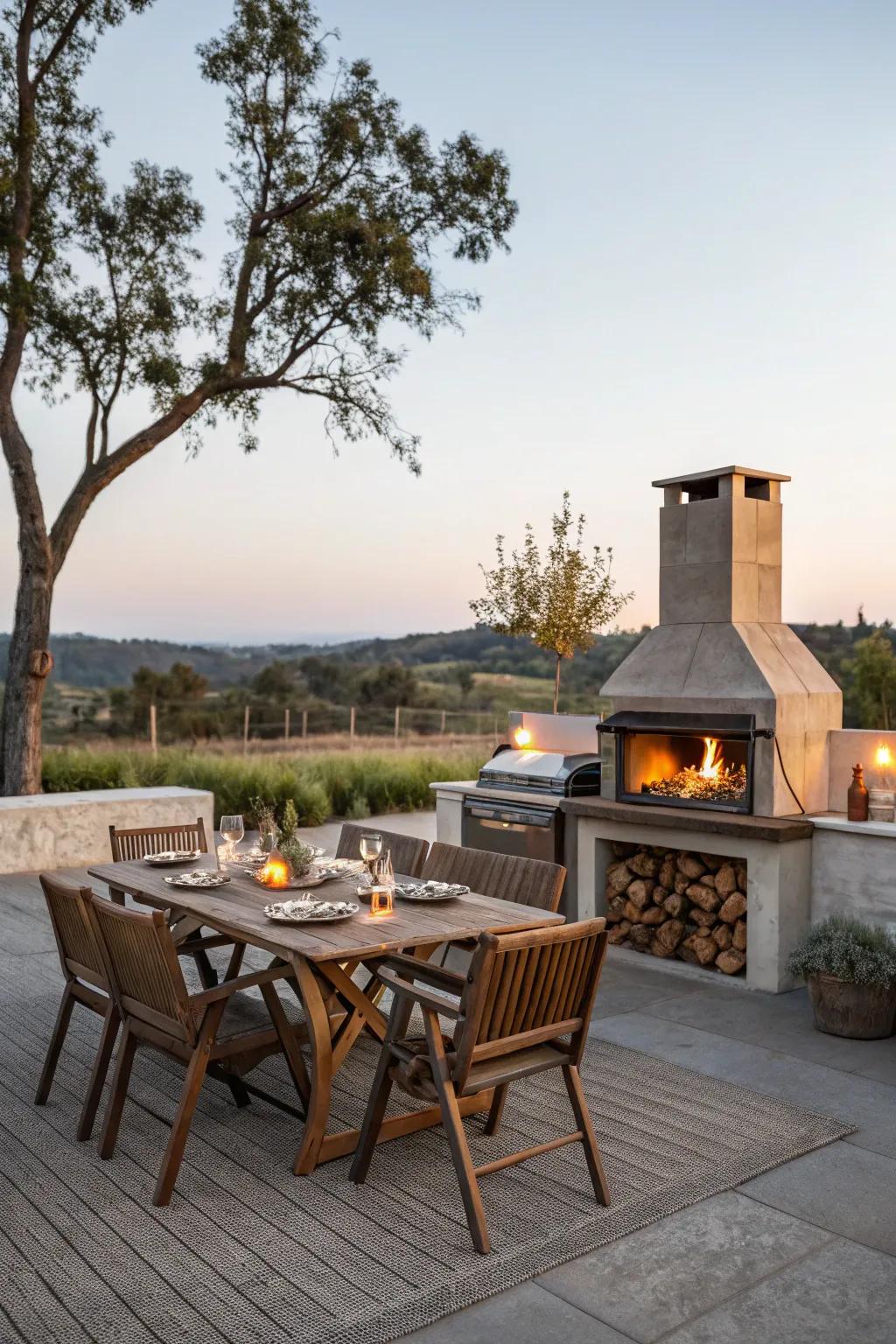 Dine under the stars with a cozy fireplace nearby.