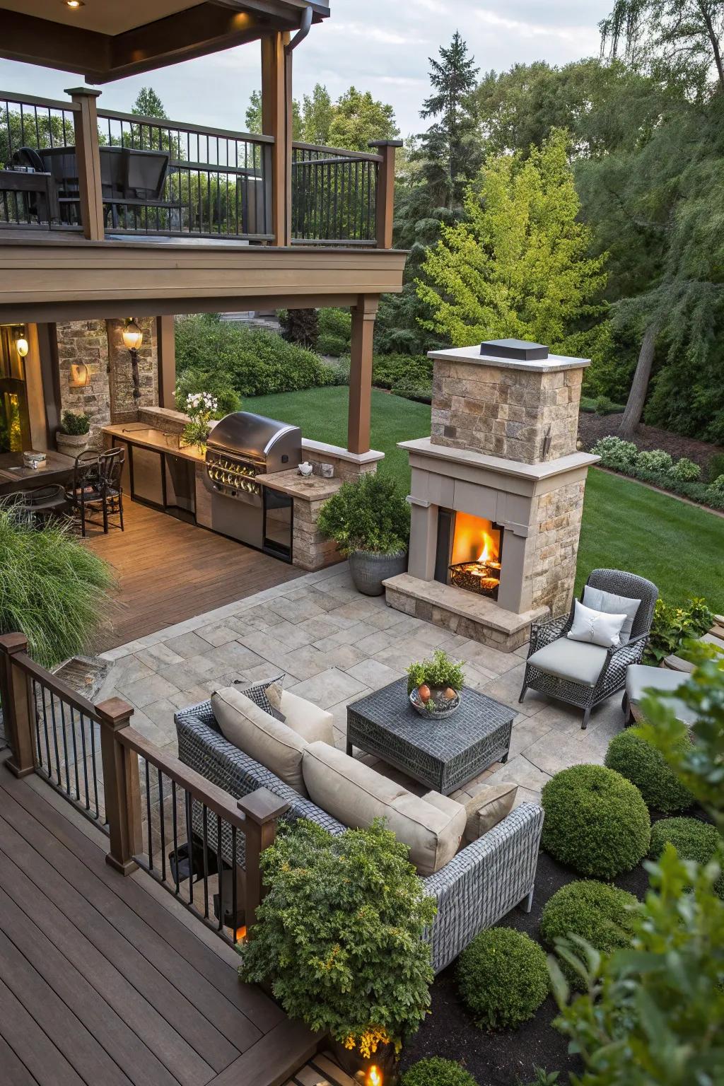 Distinct patio levels create unique outdoor zones.