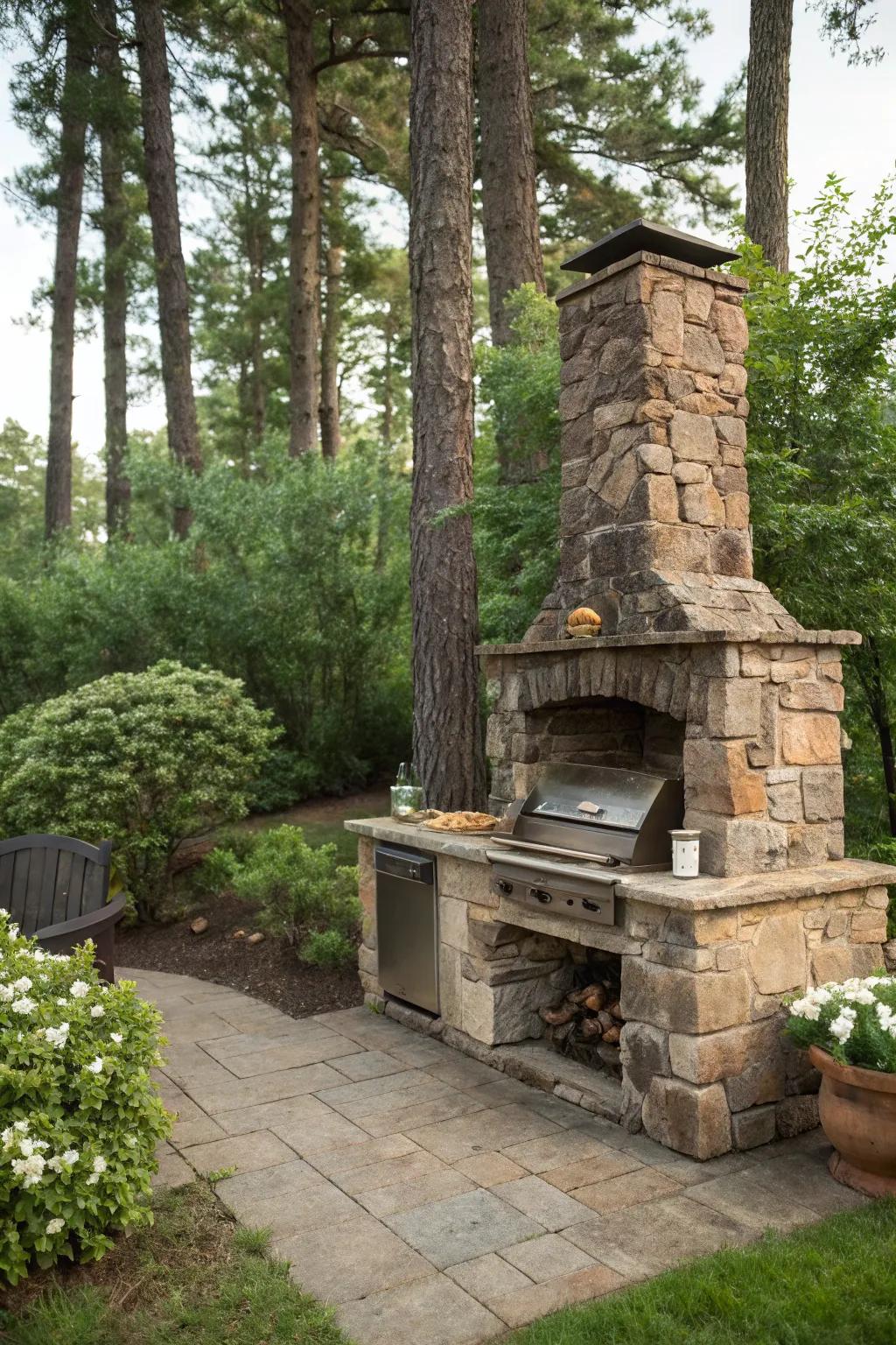 Rustic stone fireplace and grill nestled in a natural setting.
