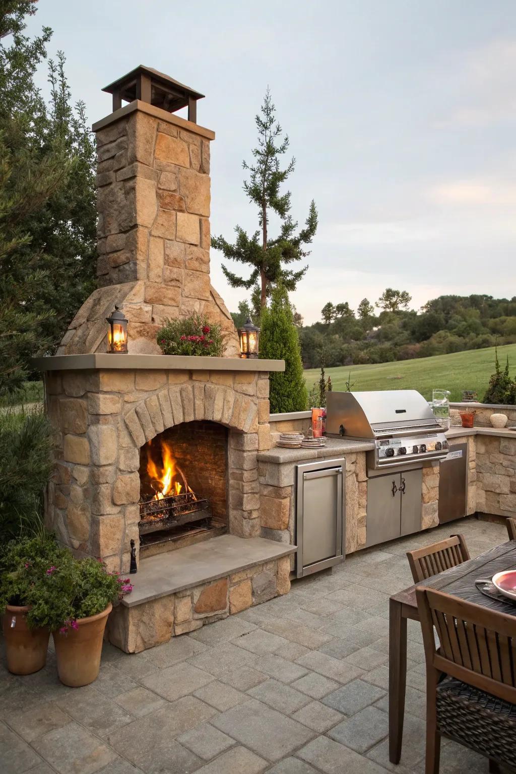Integrated grill and fireplace for seamless outdoor cooking.