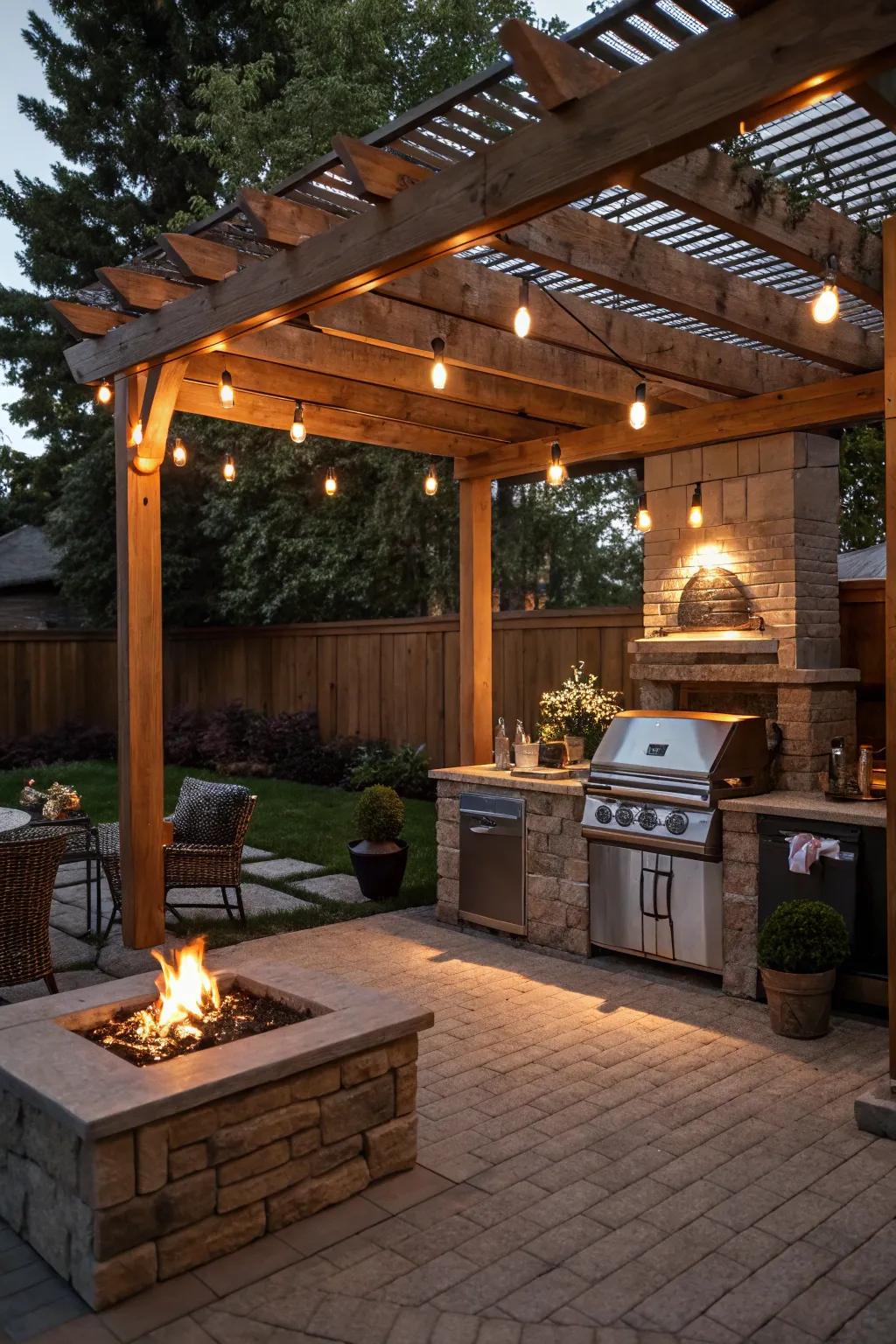 A charming pergola-covered outdoor cooking area.