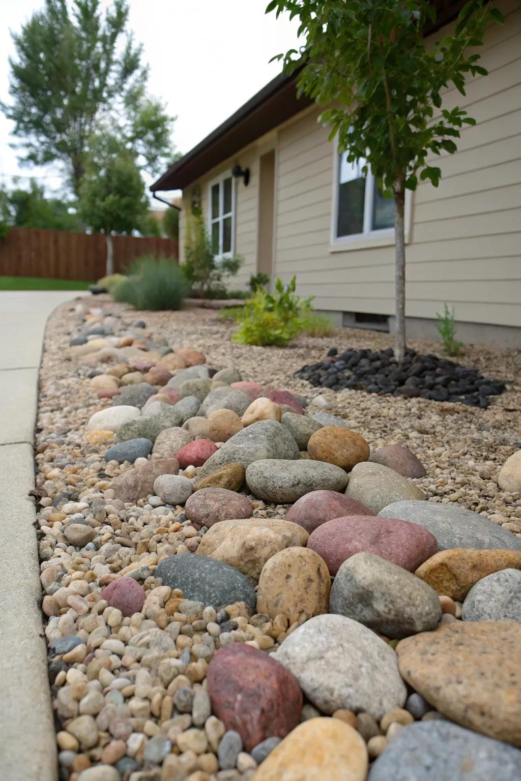 Decorative rocks and gravel add texture and interest.