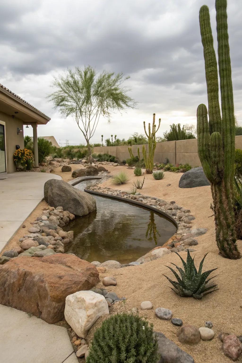 Water features add a soothing element to the desert.