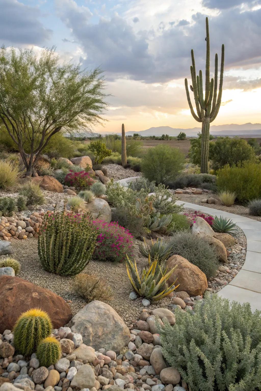 Xeriscaping: A water-efficient desert landscape option.