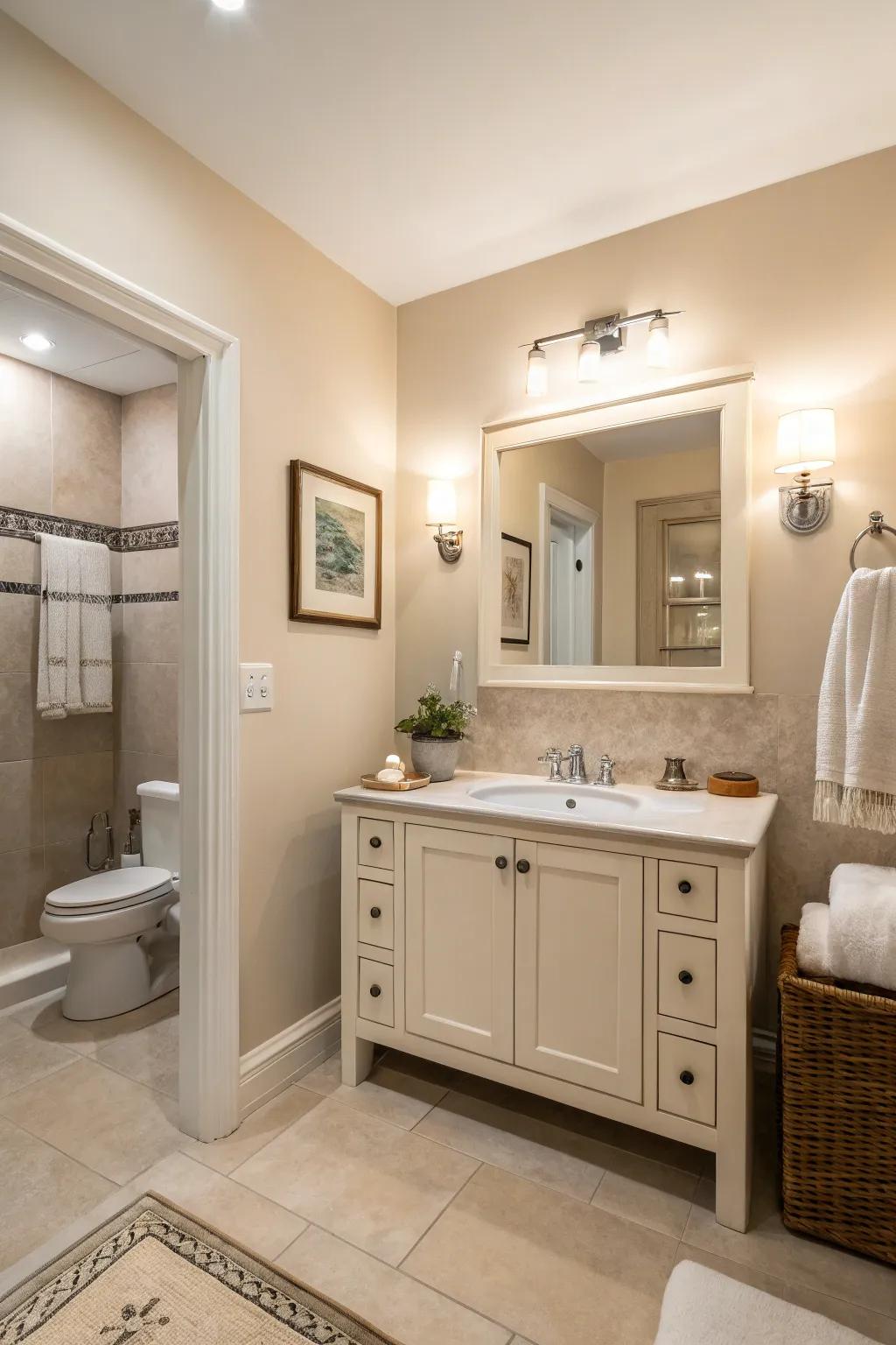 Neutral tones create a calm and spacious feel.