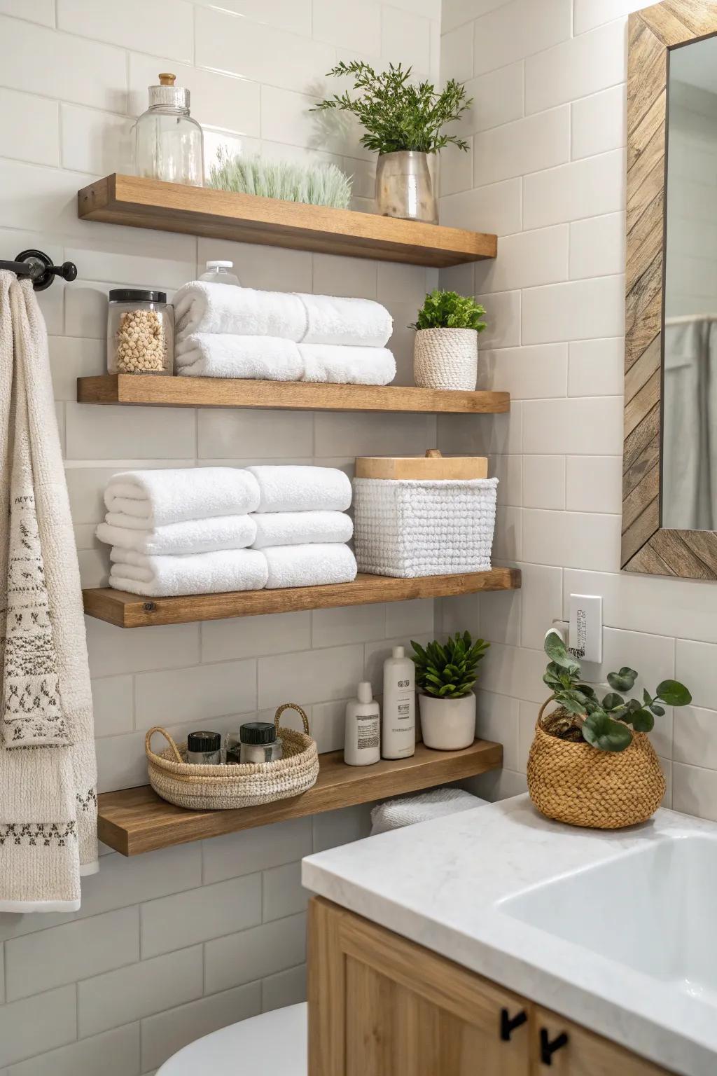 Floating shelves provide stylish storage solutions.