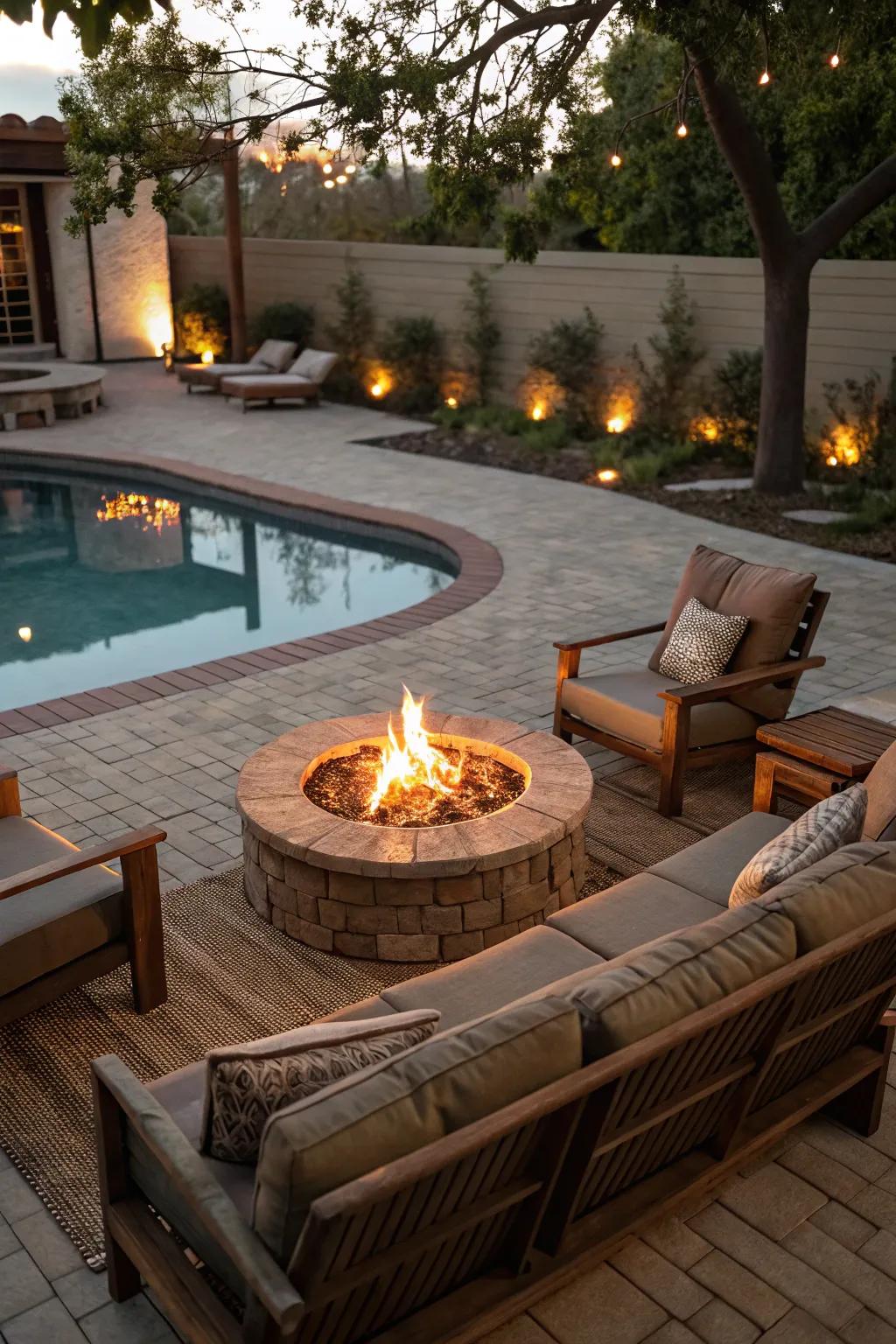 A fire pit creates a warm and inviting atmosphere by the pool.