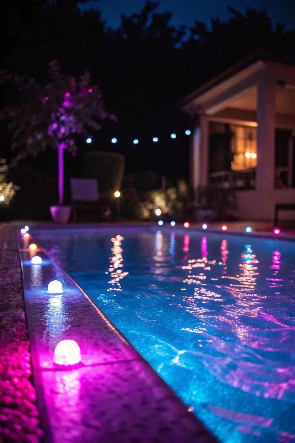 Pool lighting creates a magical ambiance after sunset.