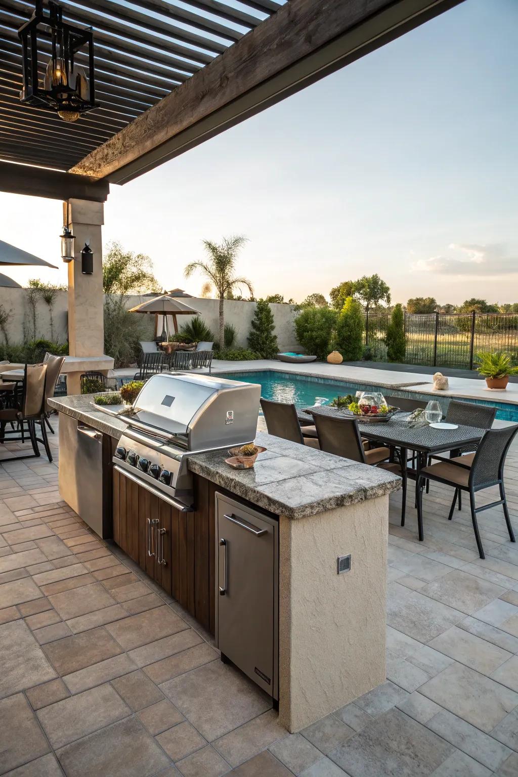 An outdoor kitchen makes poolside entertaining a breeze.