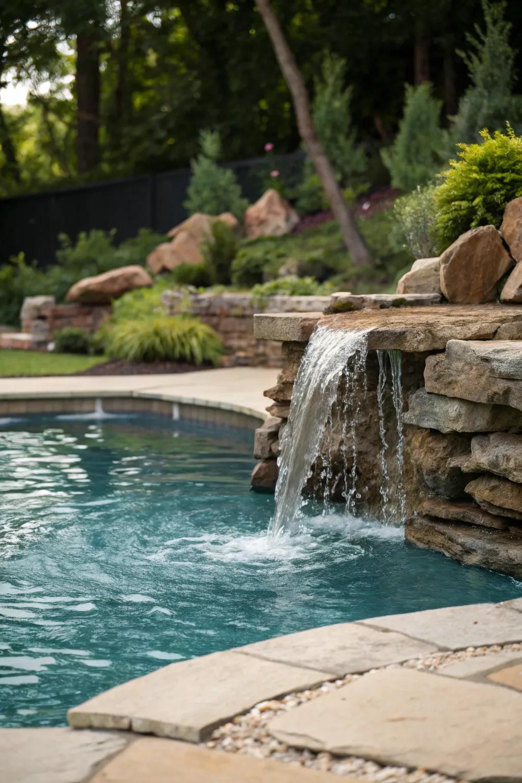 A waterfall feature adds a serene and captivating touch to any pool.