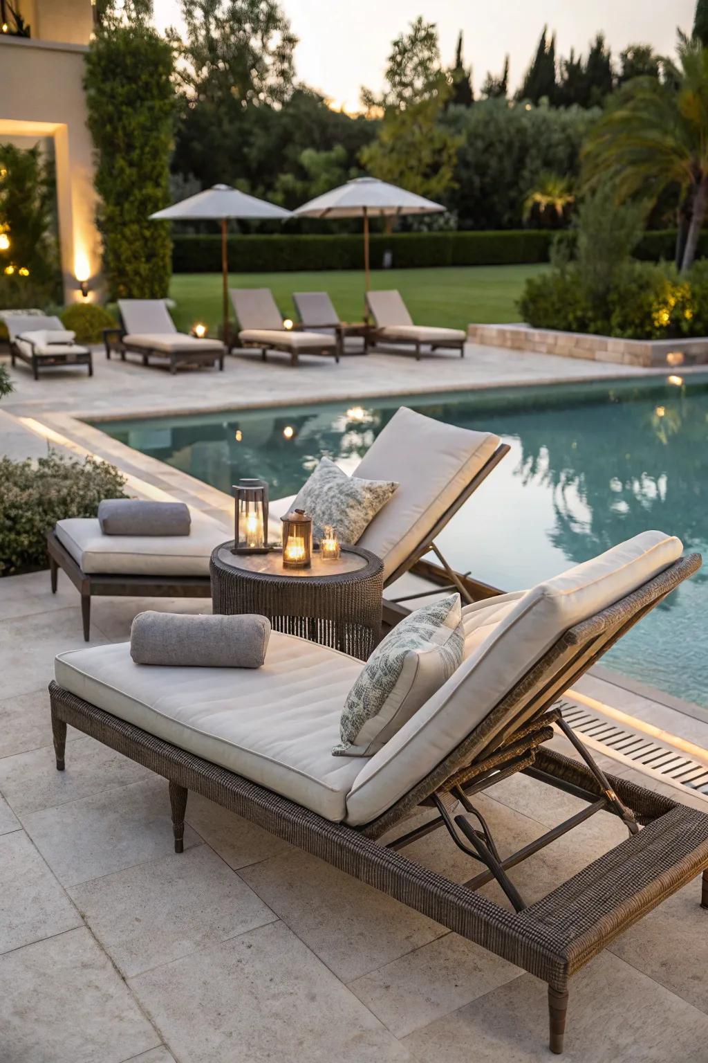 Comfortable lounge chairs are perfect for a relaxing day by the pool.