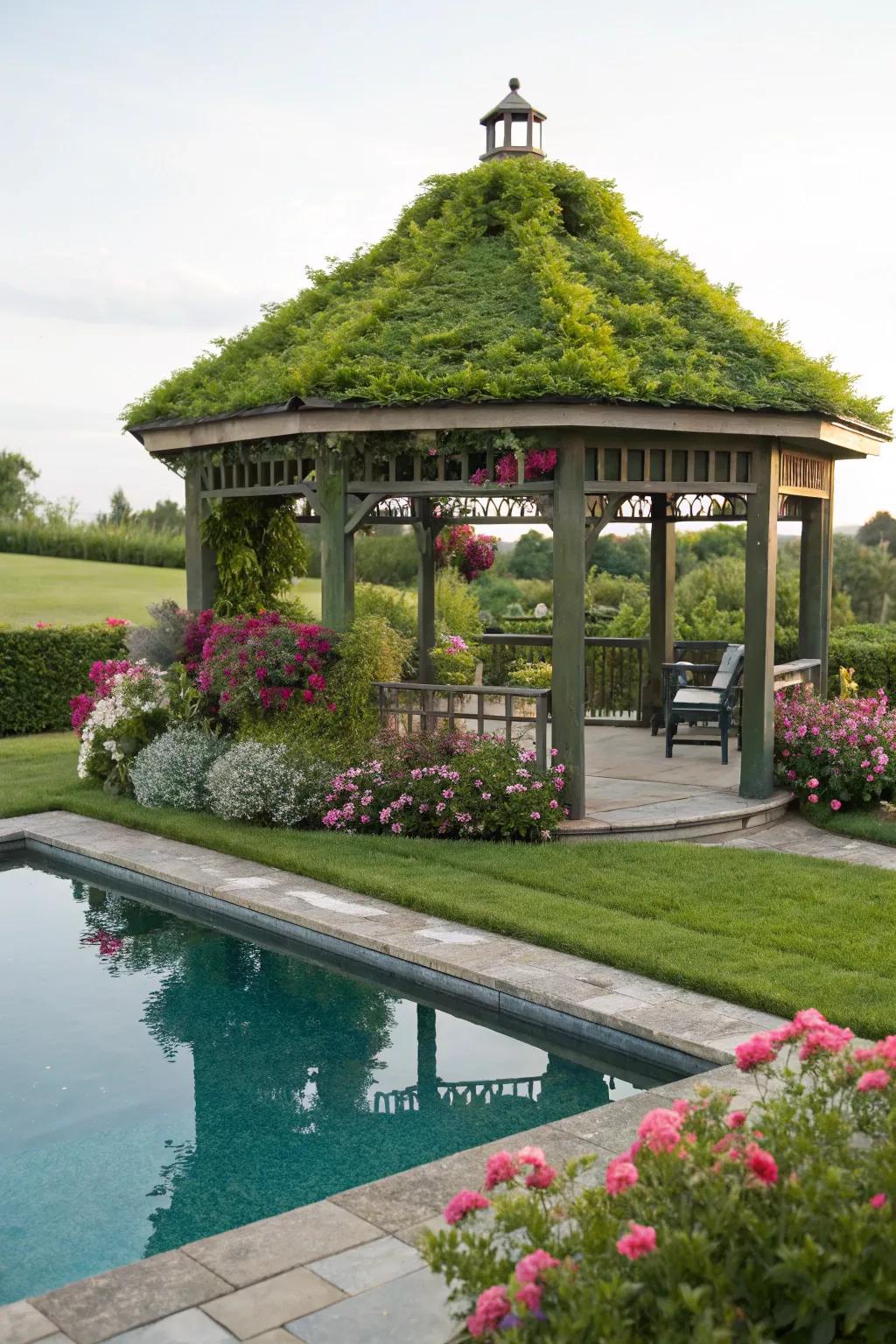 An eco-friendly gazebo with a green living roof adds natural beauty.