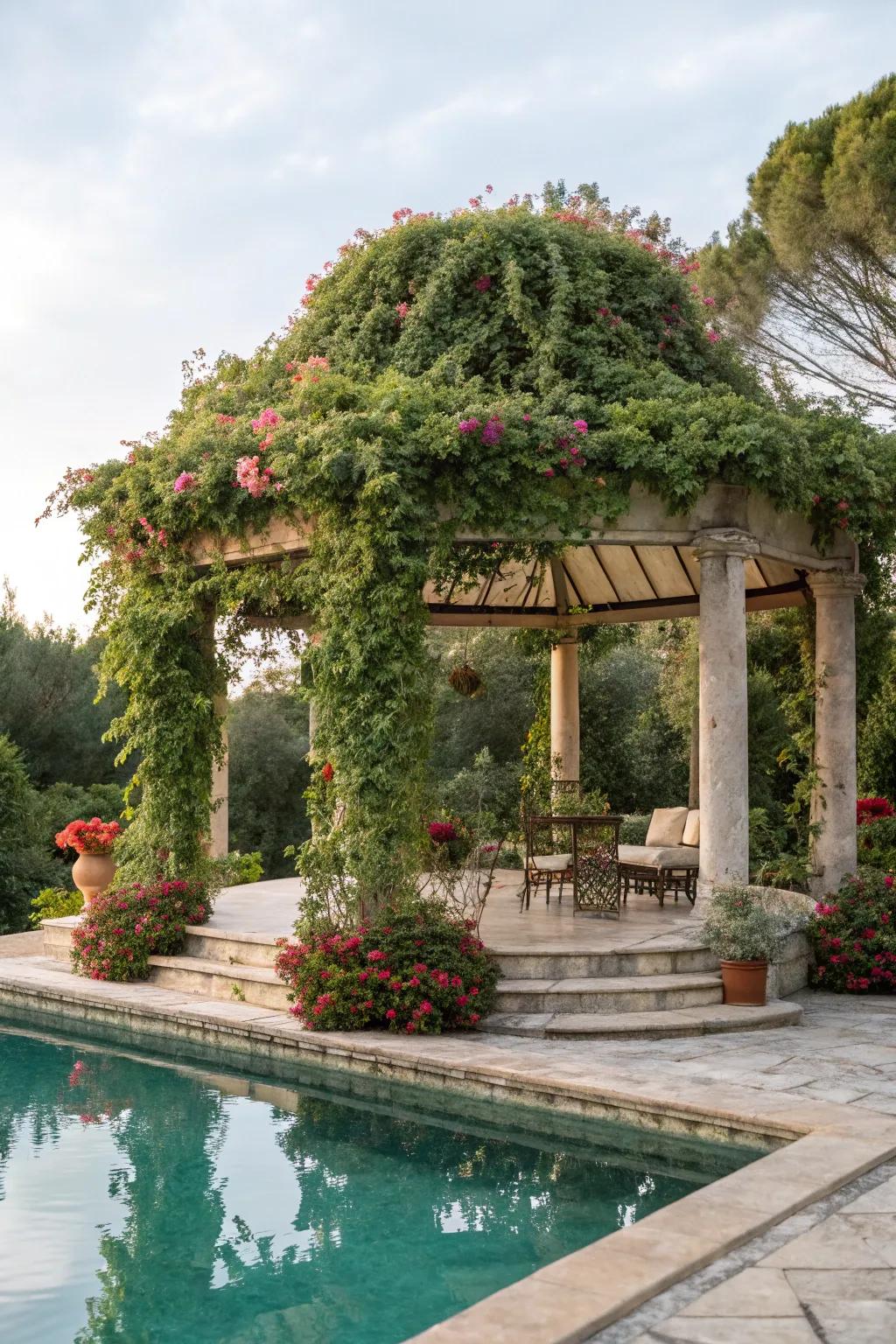 A picturesque Mediterranean gazebo adorned with flowering vines.
