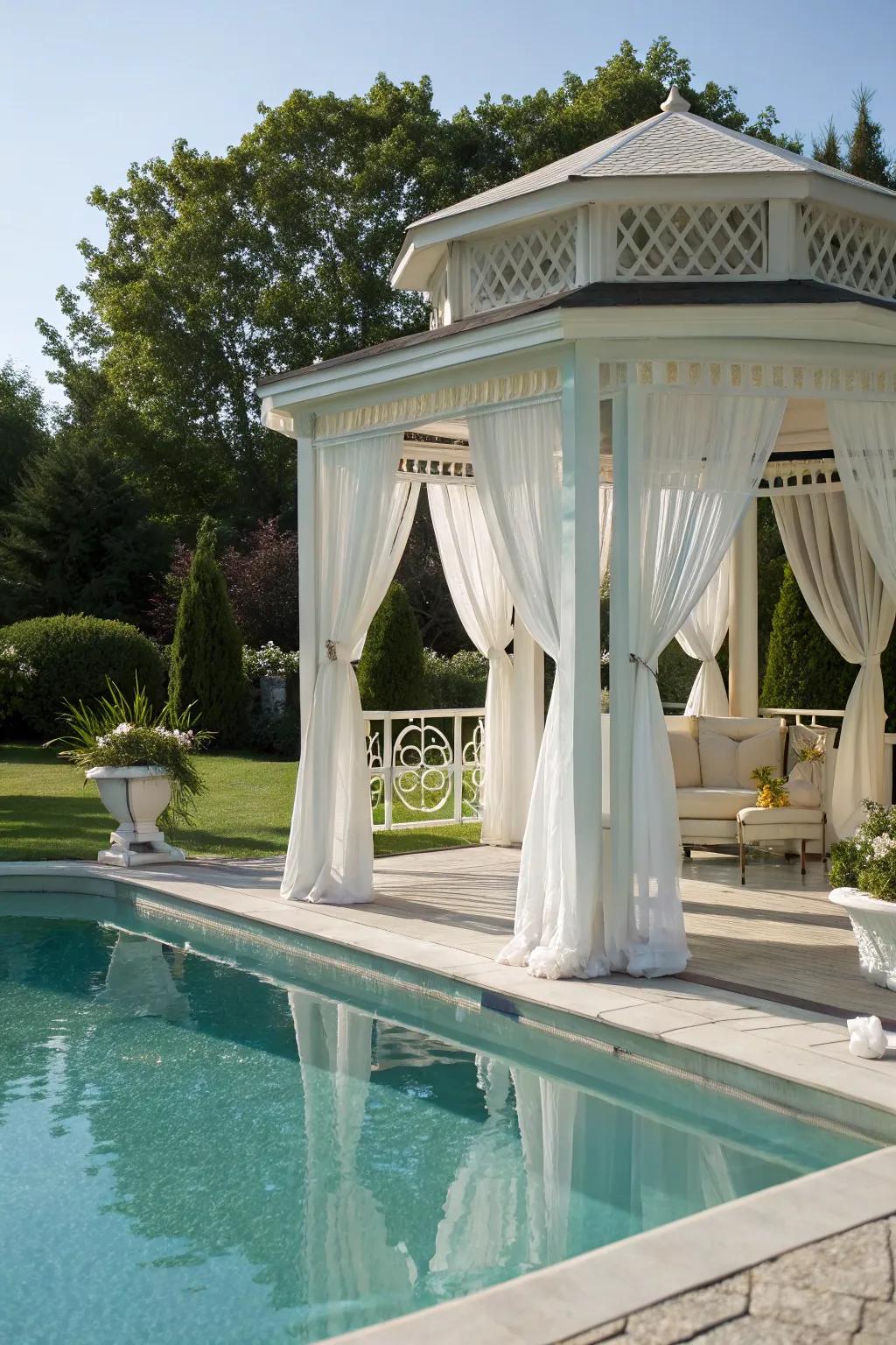 A timeless classic gazebo that adds elegance to the pool area.