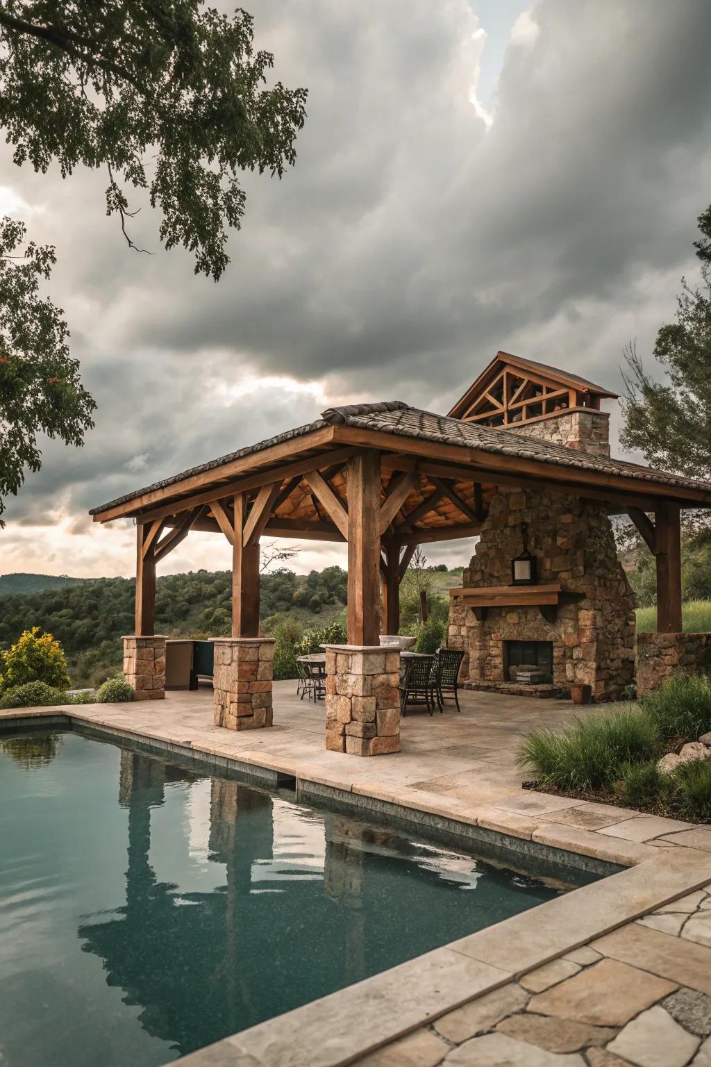 A charming rustic wood gazebo nestled by the pool.