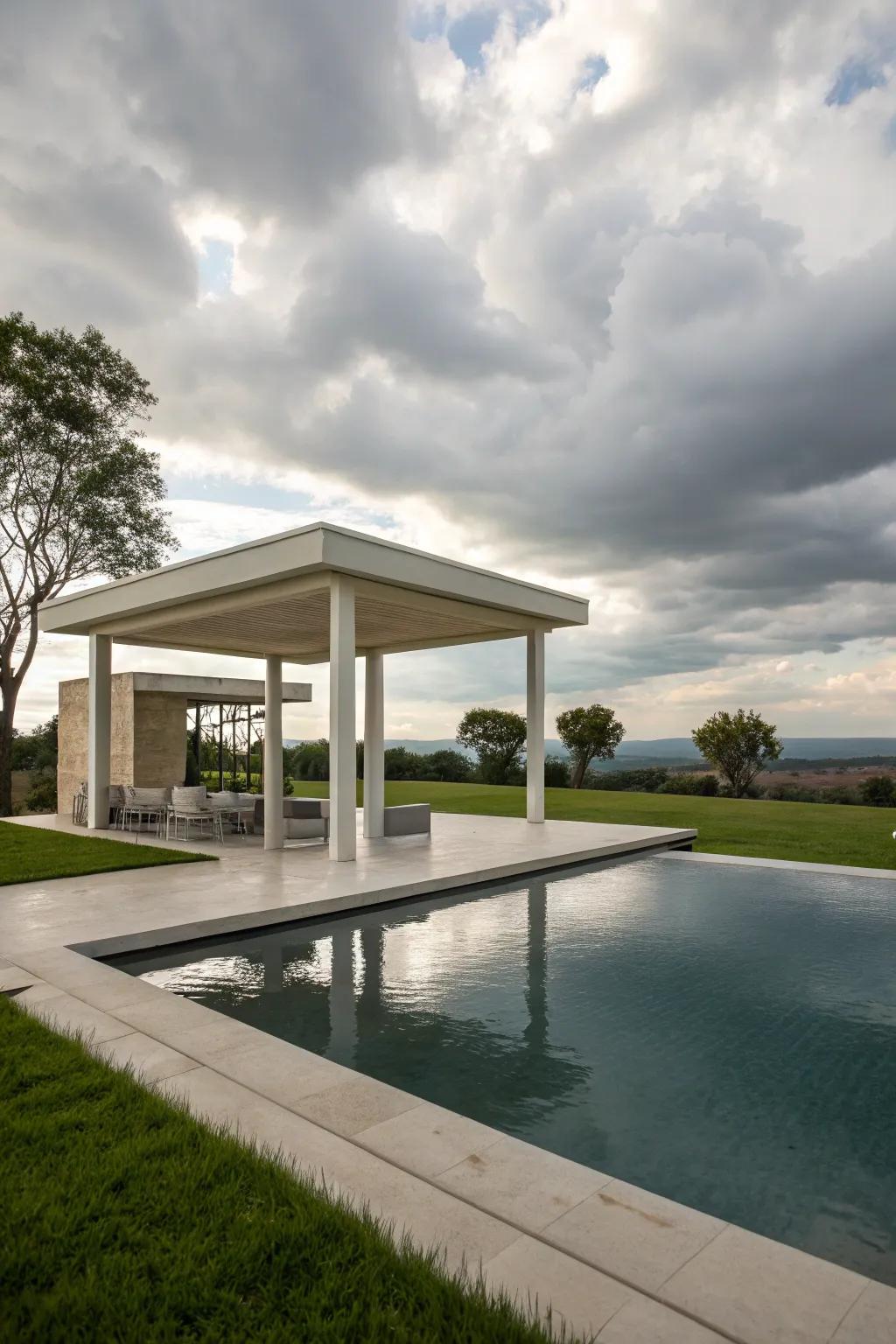 Sleek and sophisticated modern gazebo next to a pool.