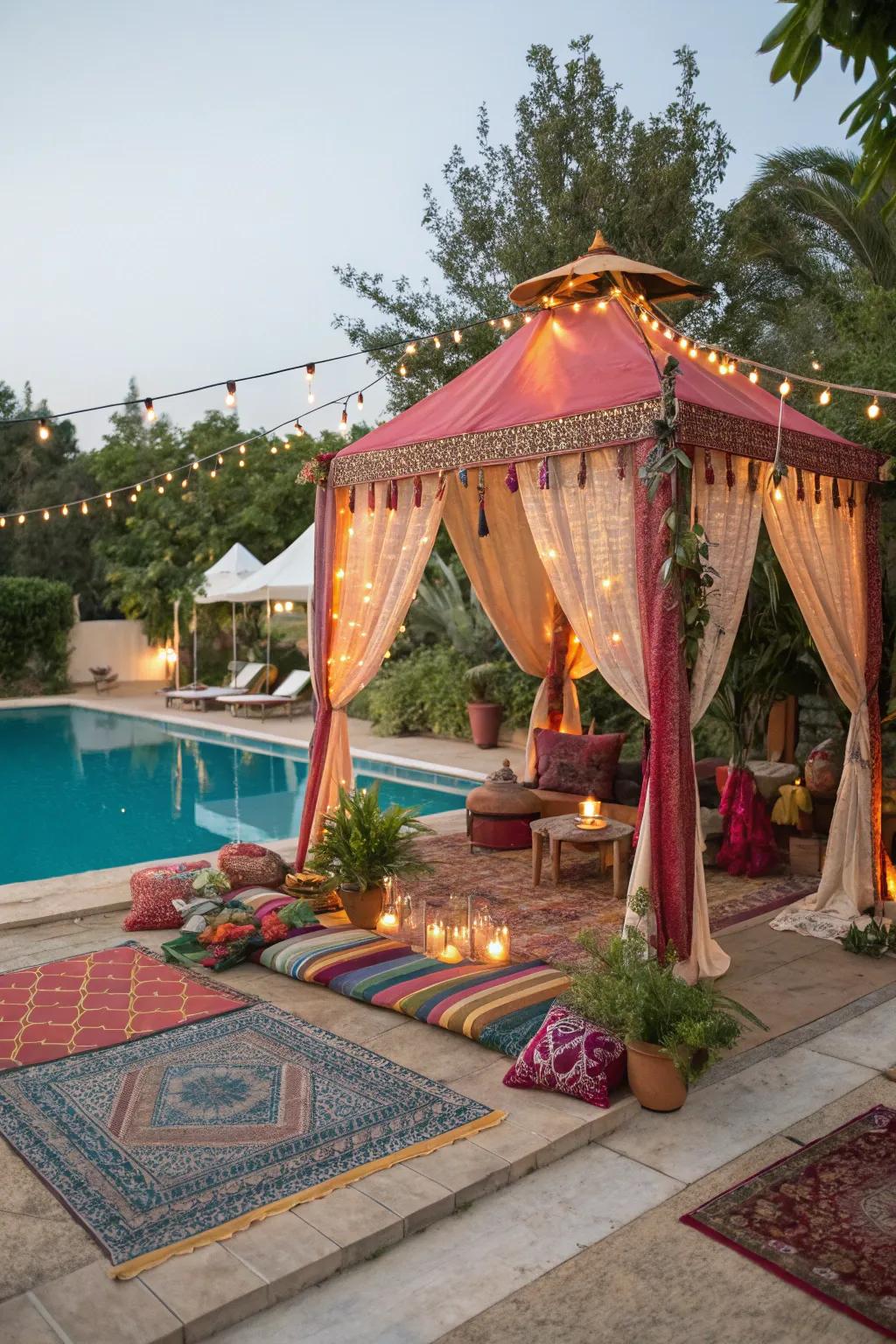 A bohemian-style gazebo offers a whimsical and colorful poolside escape.