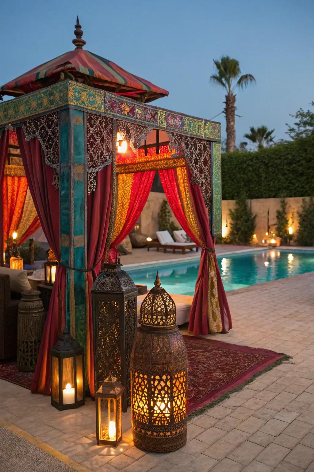 A vibrant Moroccan-style gazebo creates an exotic poolside retreat.