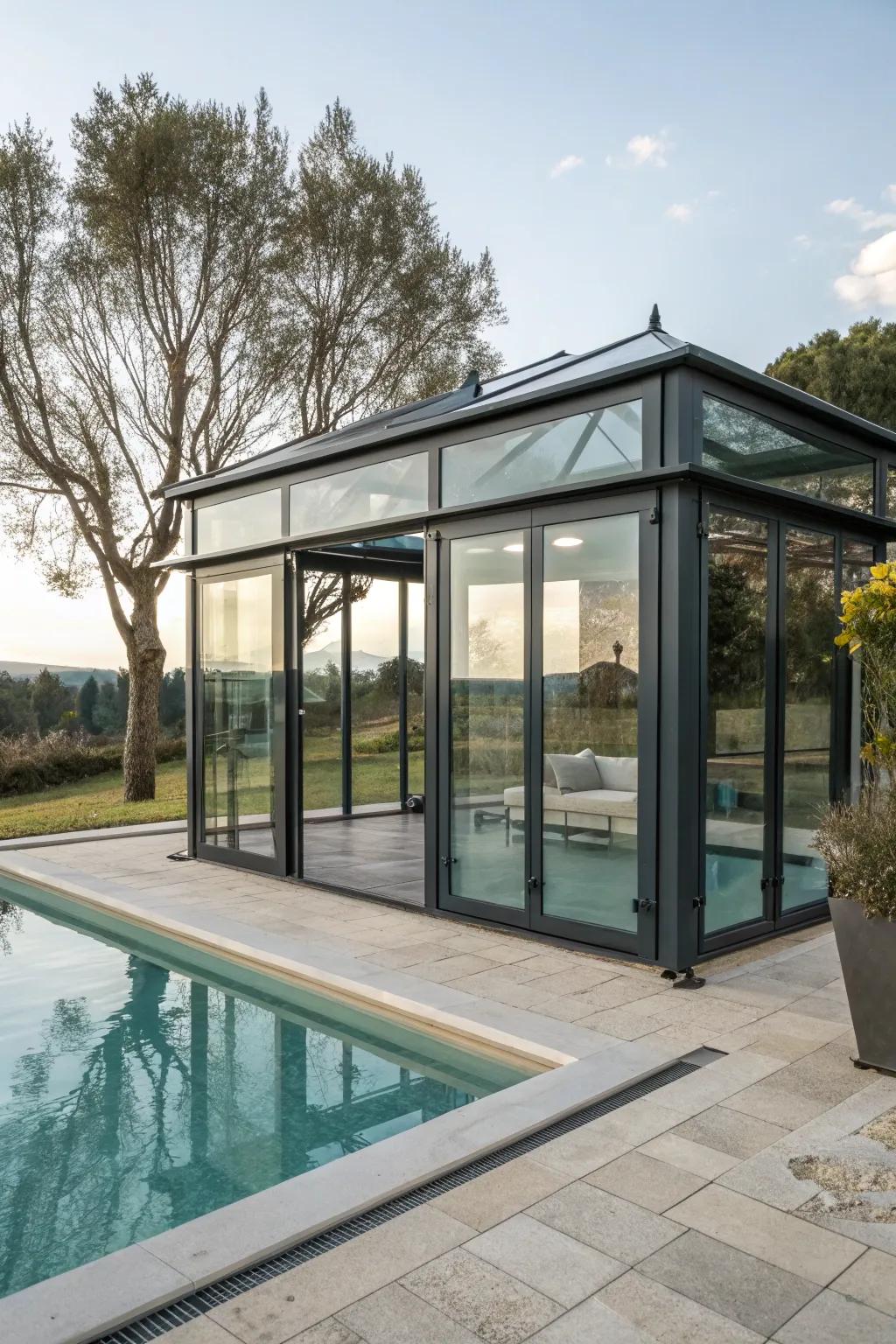A modern steel and glass gazebo complements the pool's sleek design.