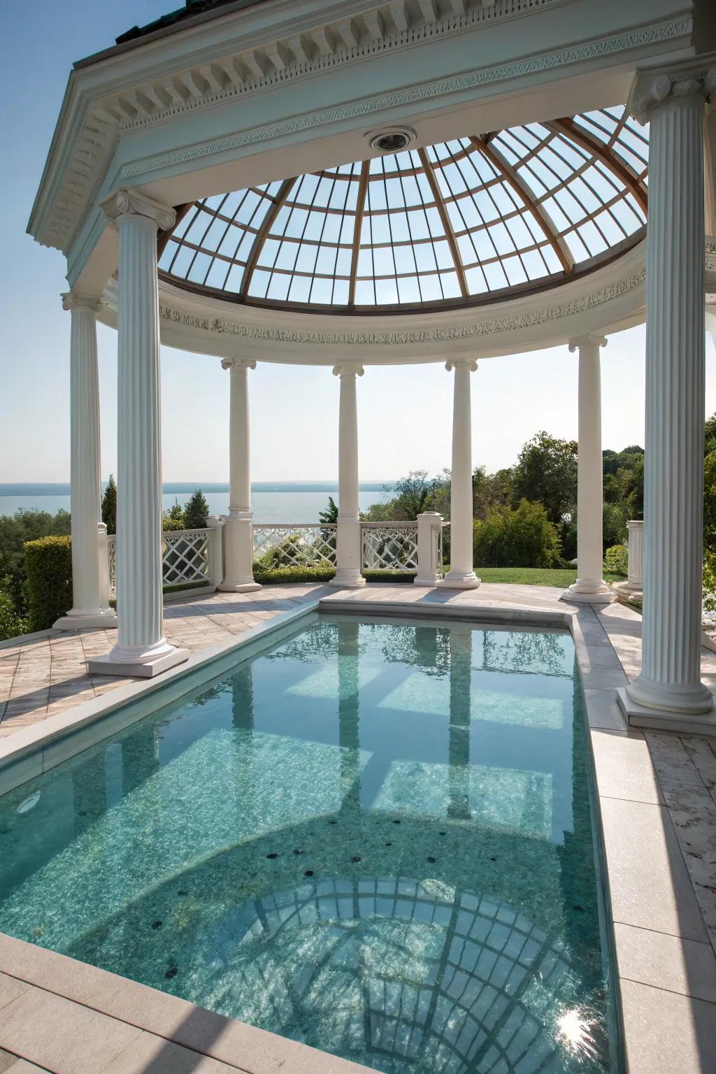 A gazebo with a glass floor provides a spectacular view of the pool.