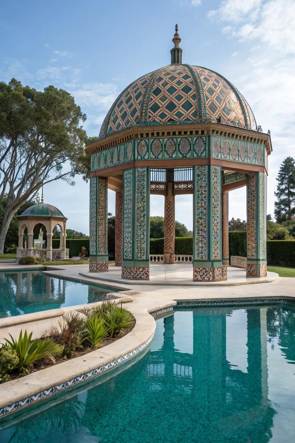 A glamorous Art Deco gazebo brings 1920s flair to the pool area.