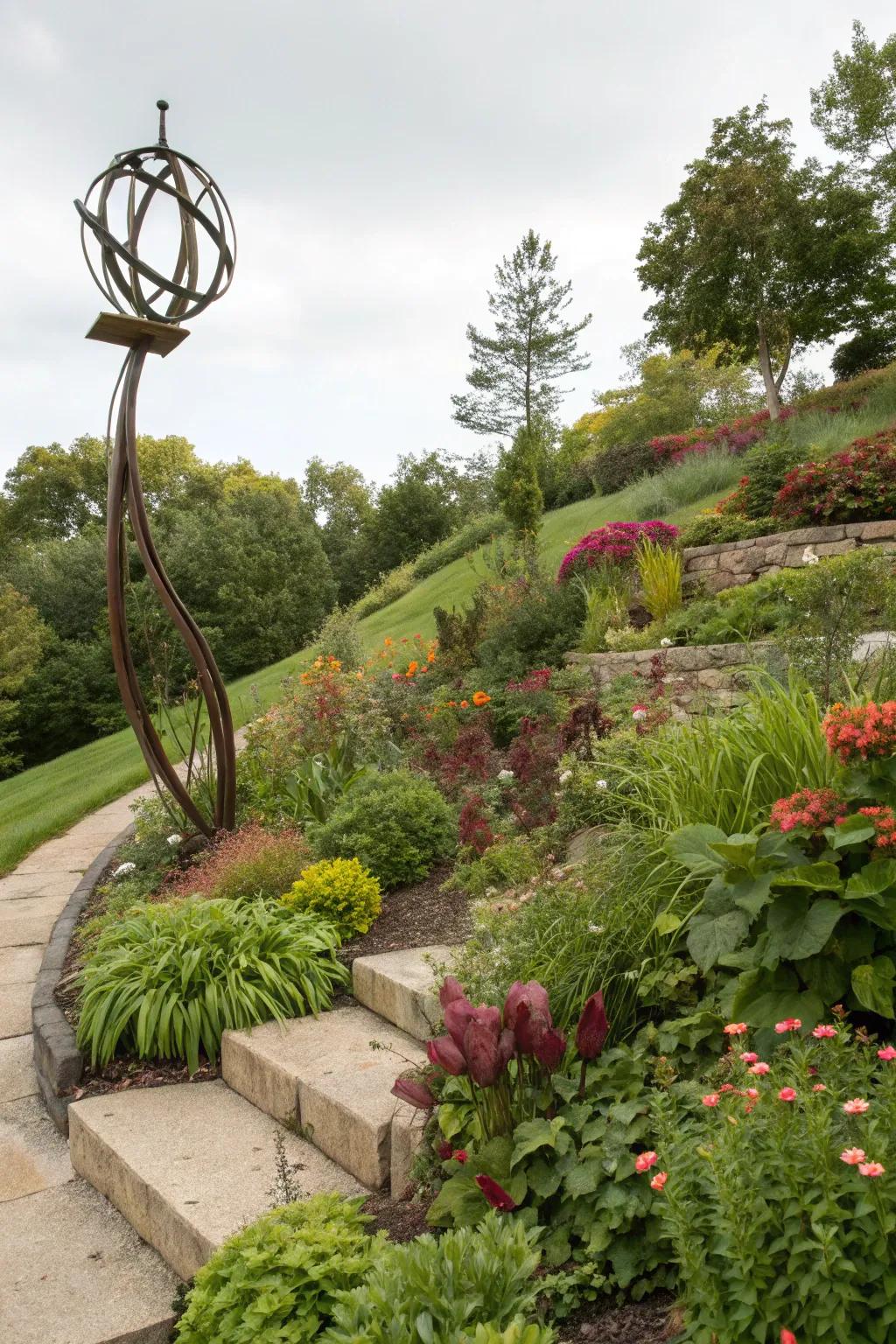 An artistic sculpture adds personality and intrigue to a garden slope.