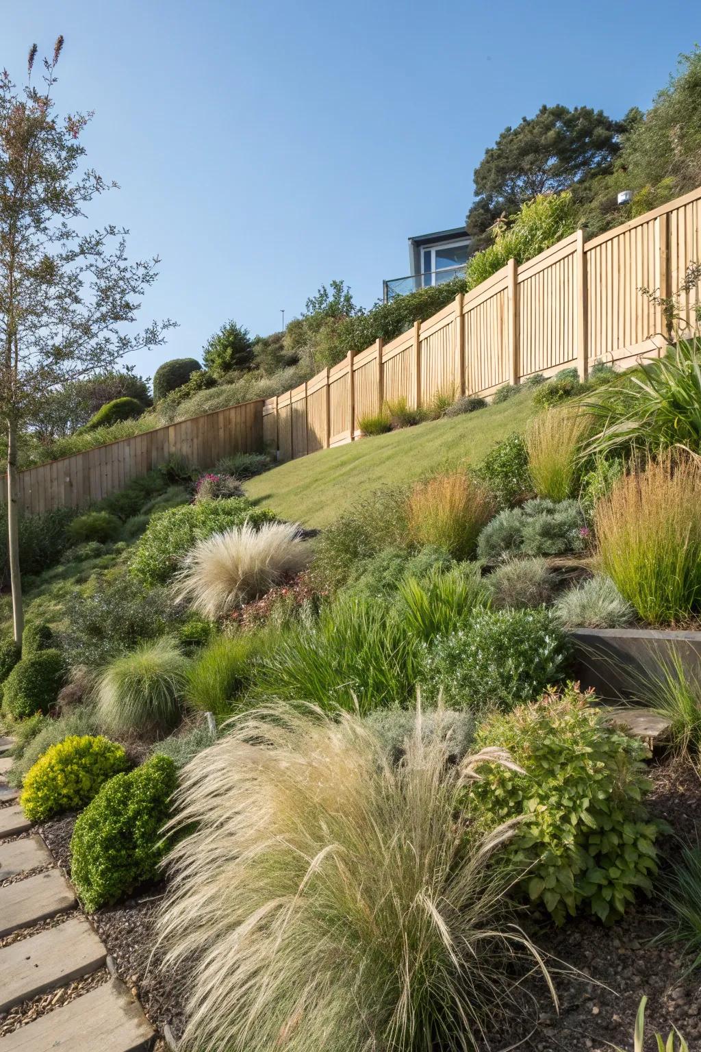 Ornamental grasses add movement and texture to a garden slope.