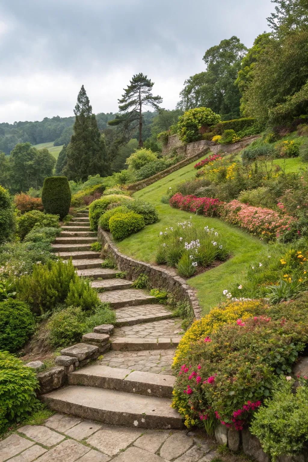 Stone steps offer elegance and functionality on a sloped garden.