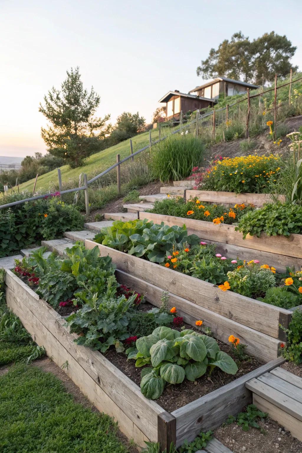 A tiered vegetable patch turns a slope into a productive garden space.