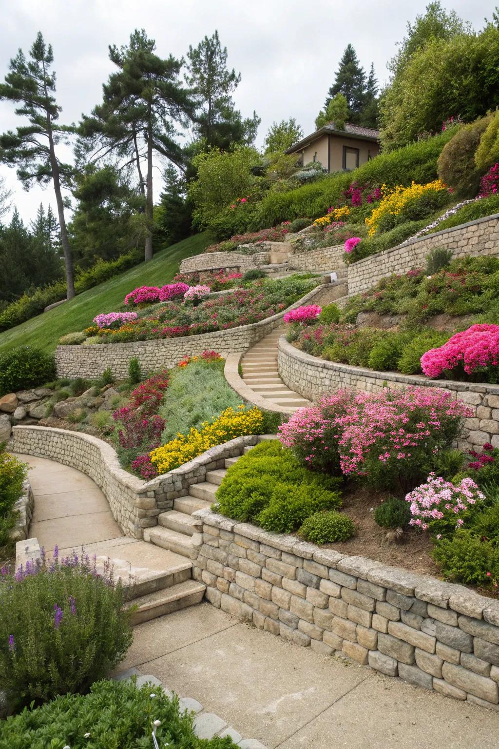 Terraced flower beds bring structure and beauty to a sloped garden.
