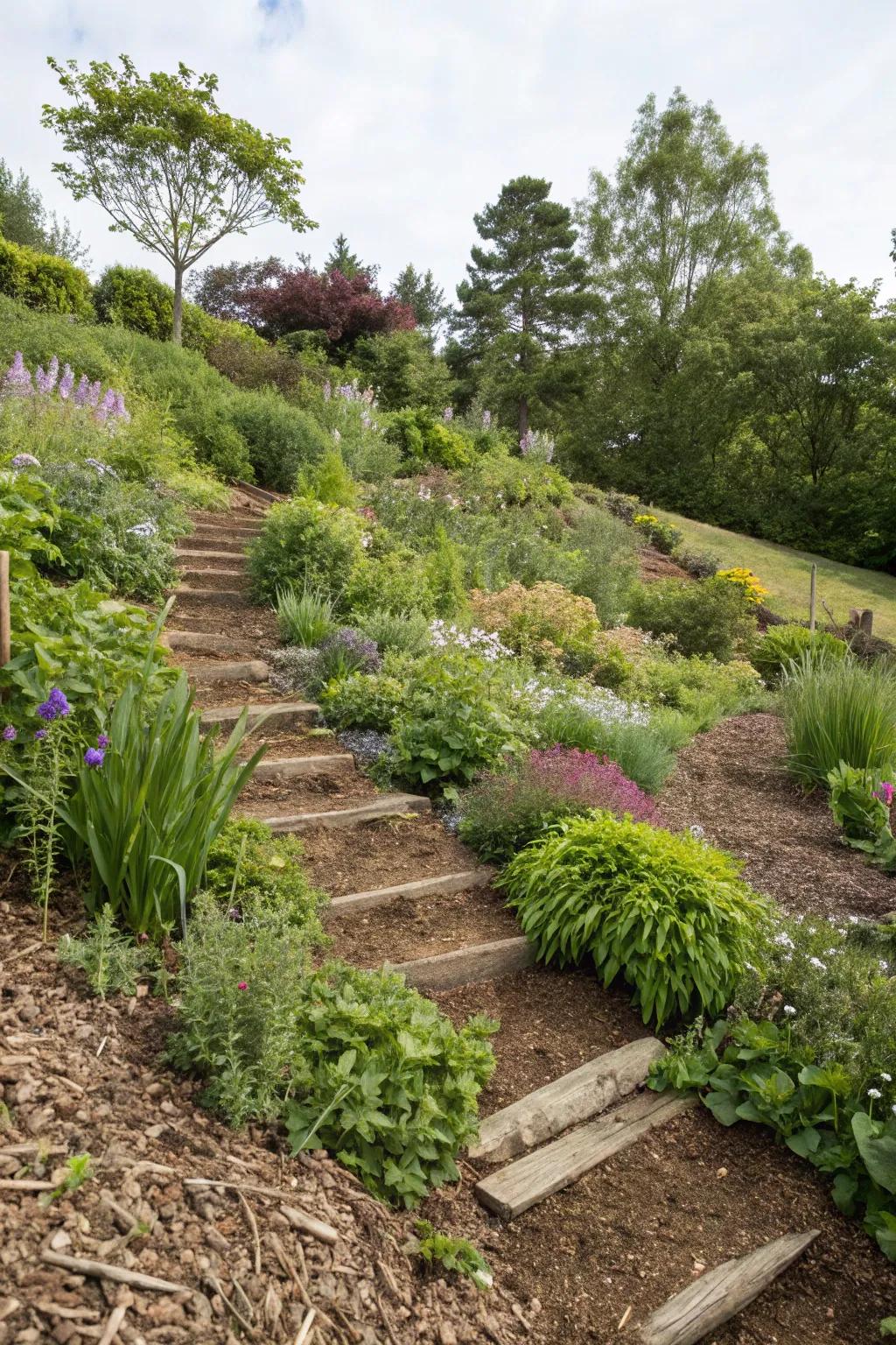 Natural mulch simplifies maintenance and enhances soil health on slopes.