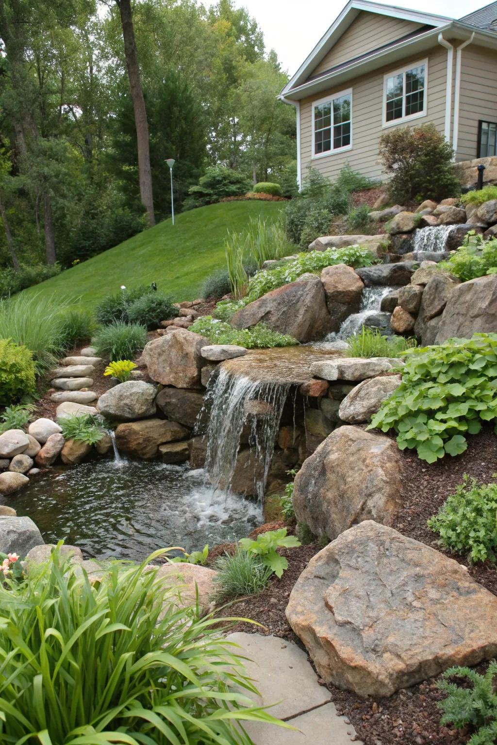 A cascading waterfall adds movement and tranquility to a garden slope.