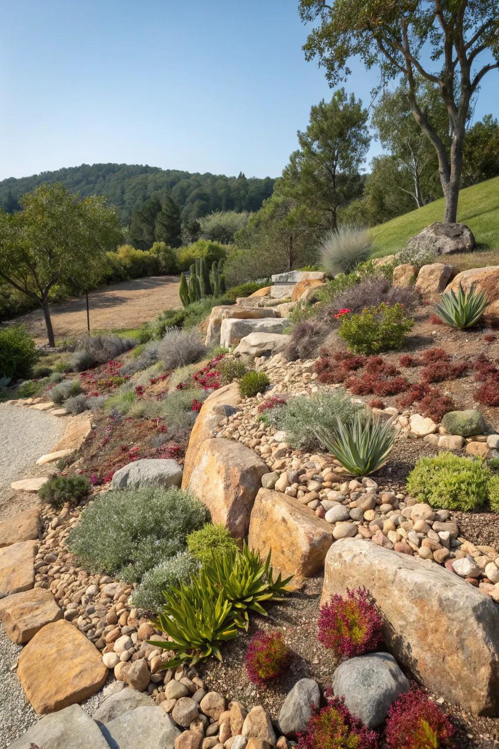 A rock garden blends seamlessly with the natural surroundings.