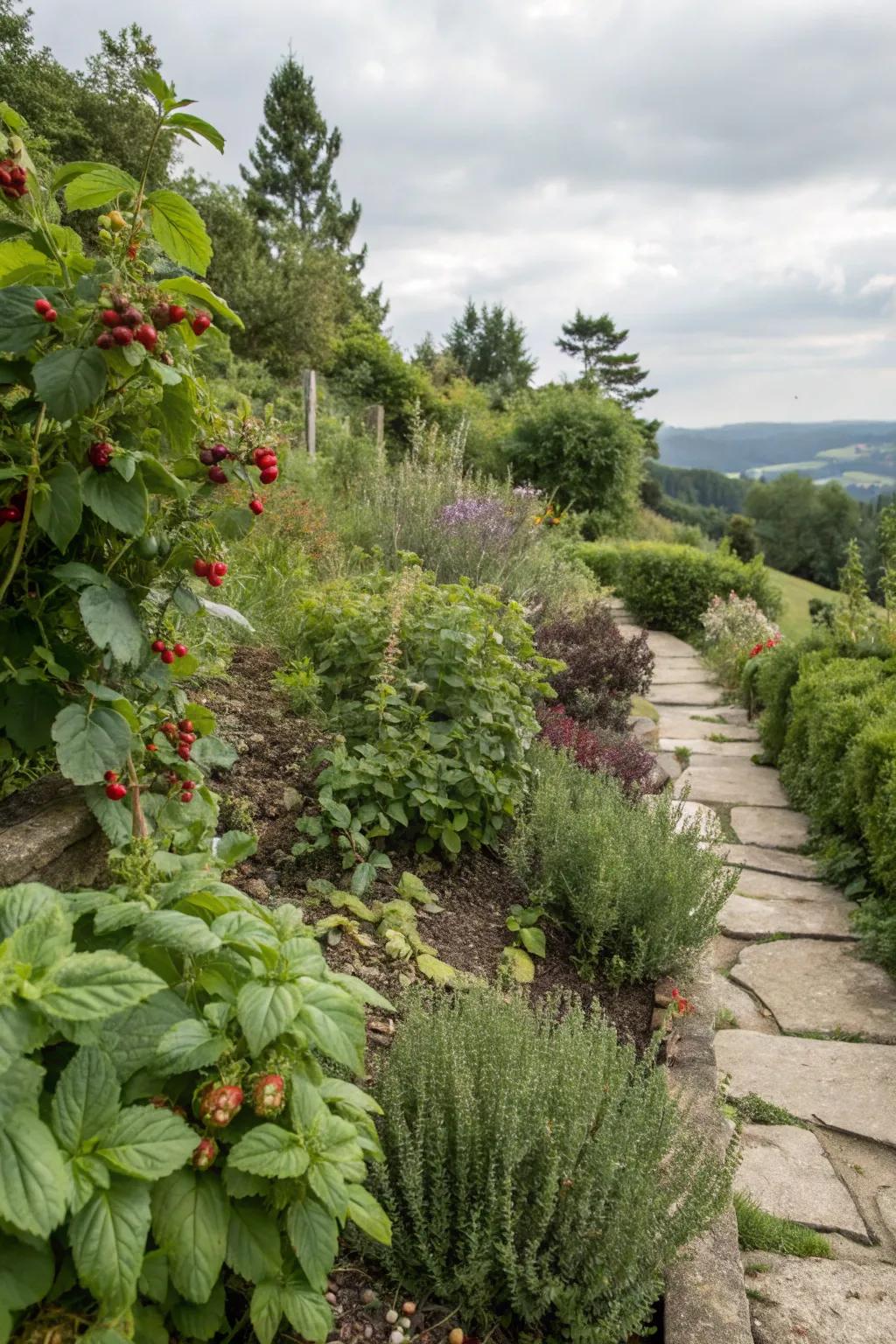 Edible landscaping provides beauty and bounty on a garden slope.