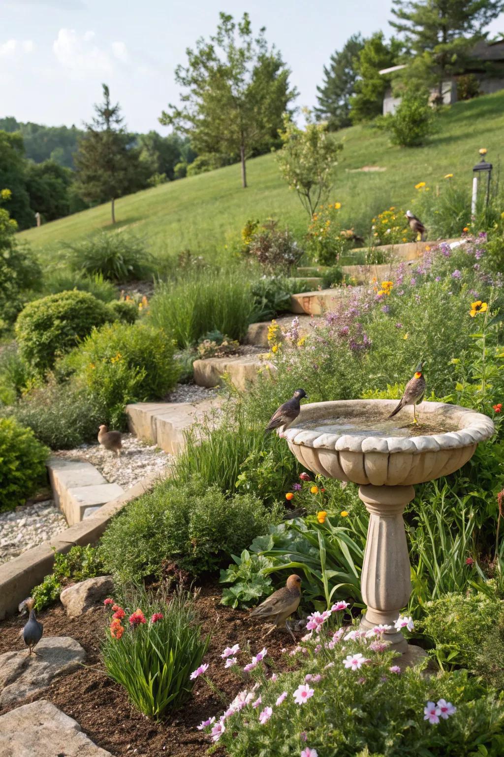 A wildlife-friendly habitat enriches a garden slope with life and color.