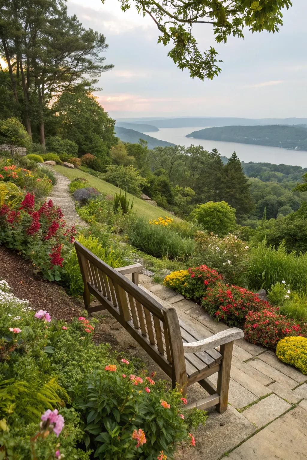 A cozy seating area invites relaxation amid the garden's beauty.