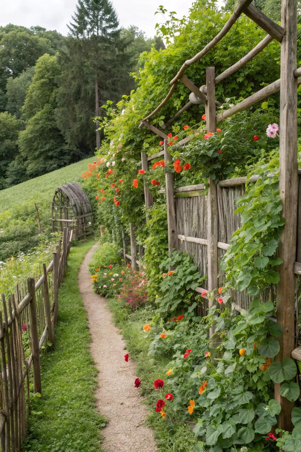 Vertical garden elements create height and intrigue on a slope.