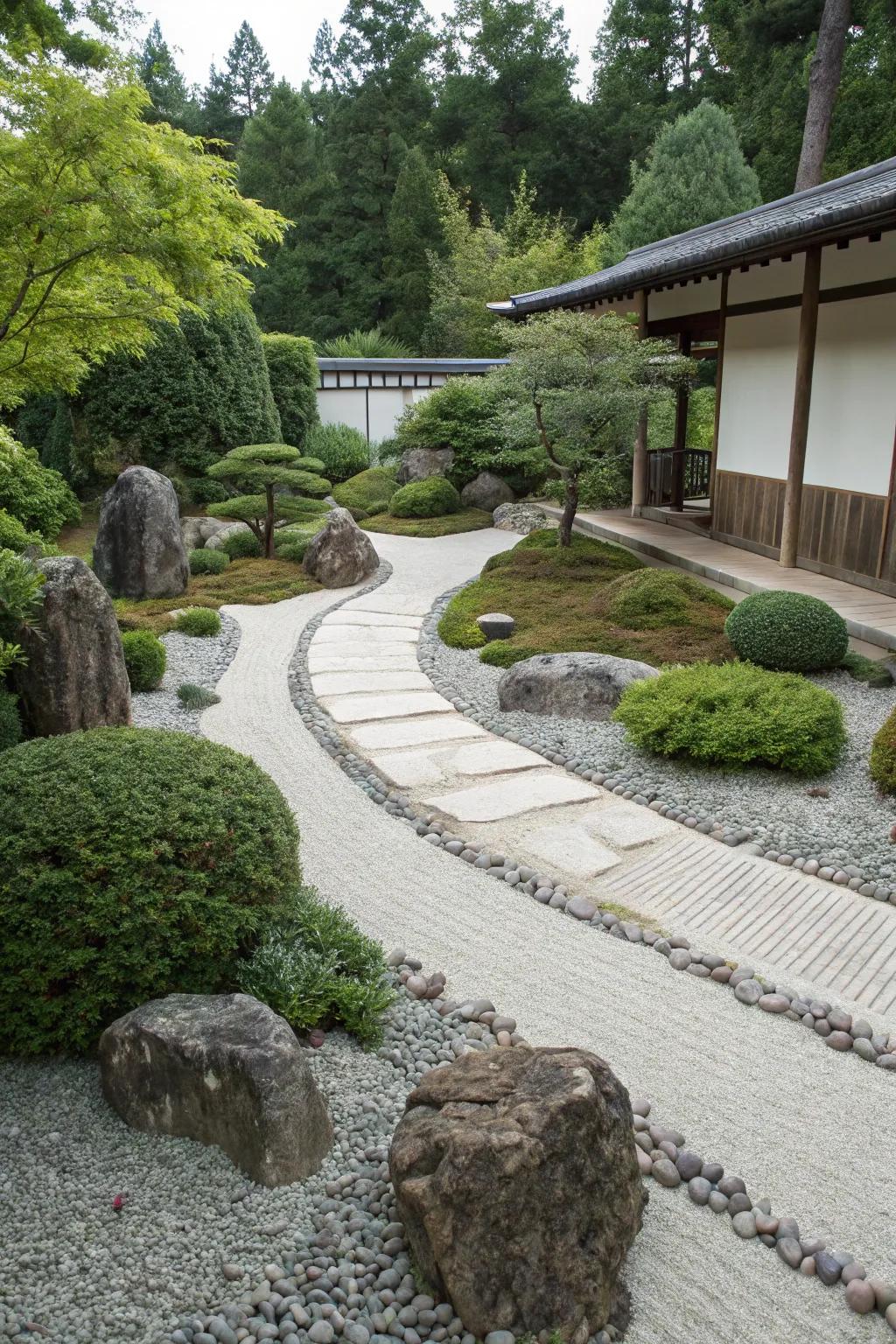 A Zen-inspired retreat offers tranquility on a sloped garden.