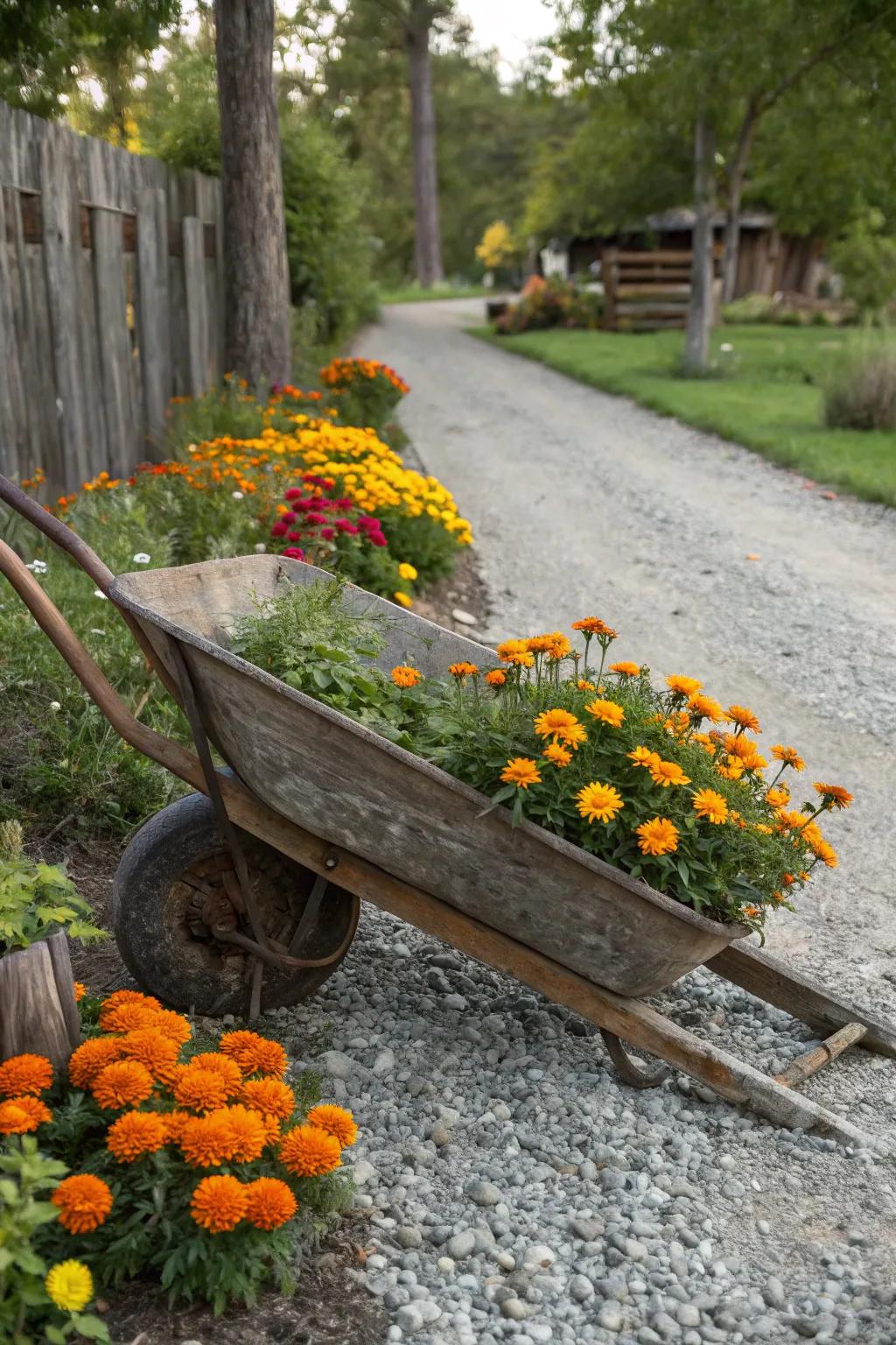 A rustic farmhouse feel with a wheelbarrow planter.
