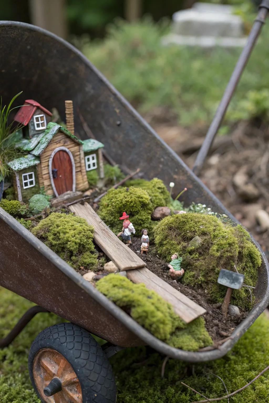 A whimsical fairy garden in a tipped wheelbarrow.