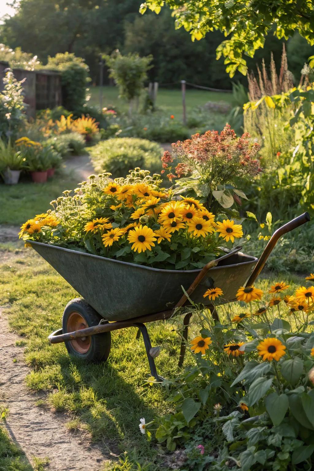 A sunny surprise of sunflowers in a wheelbarrow.