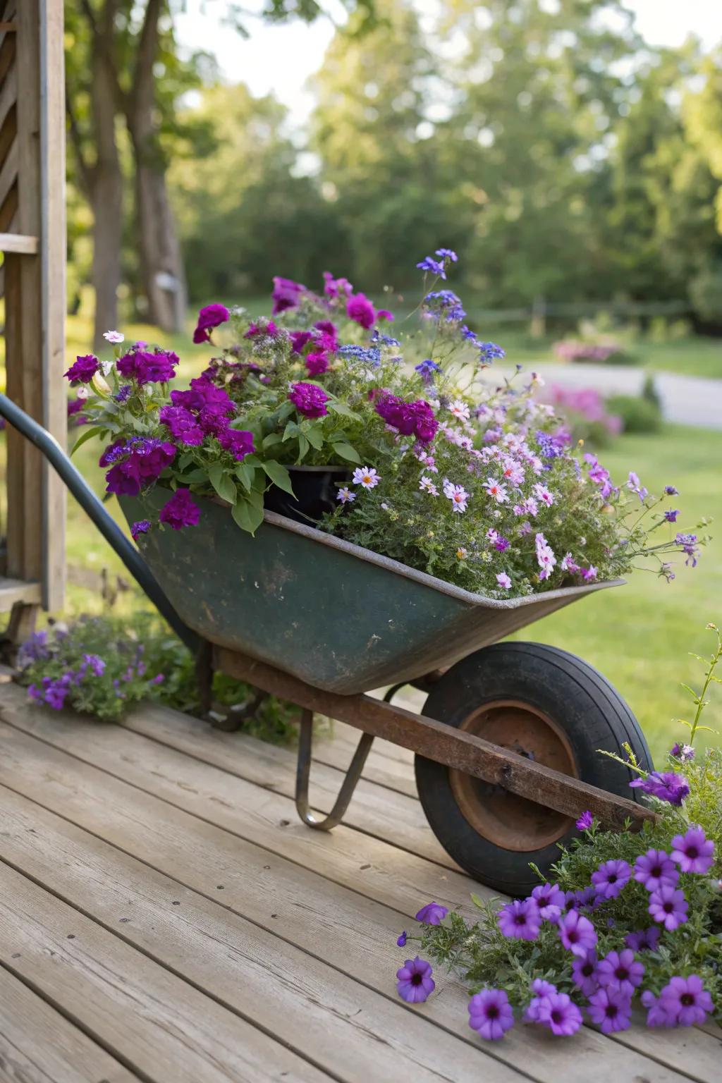 Monochrome magic with purple flowers in a wheelbarrow.
